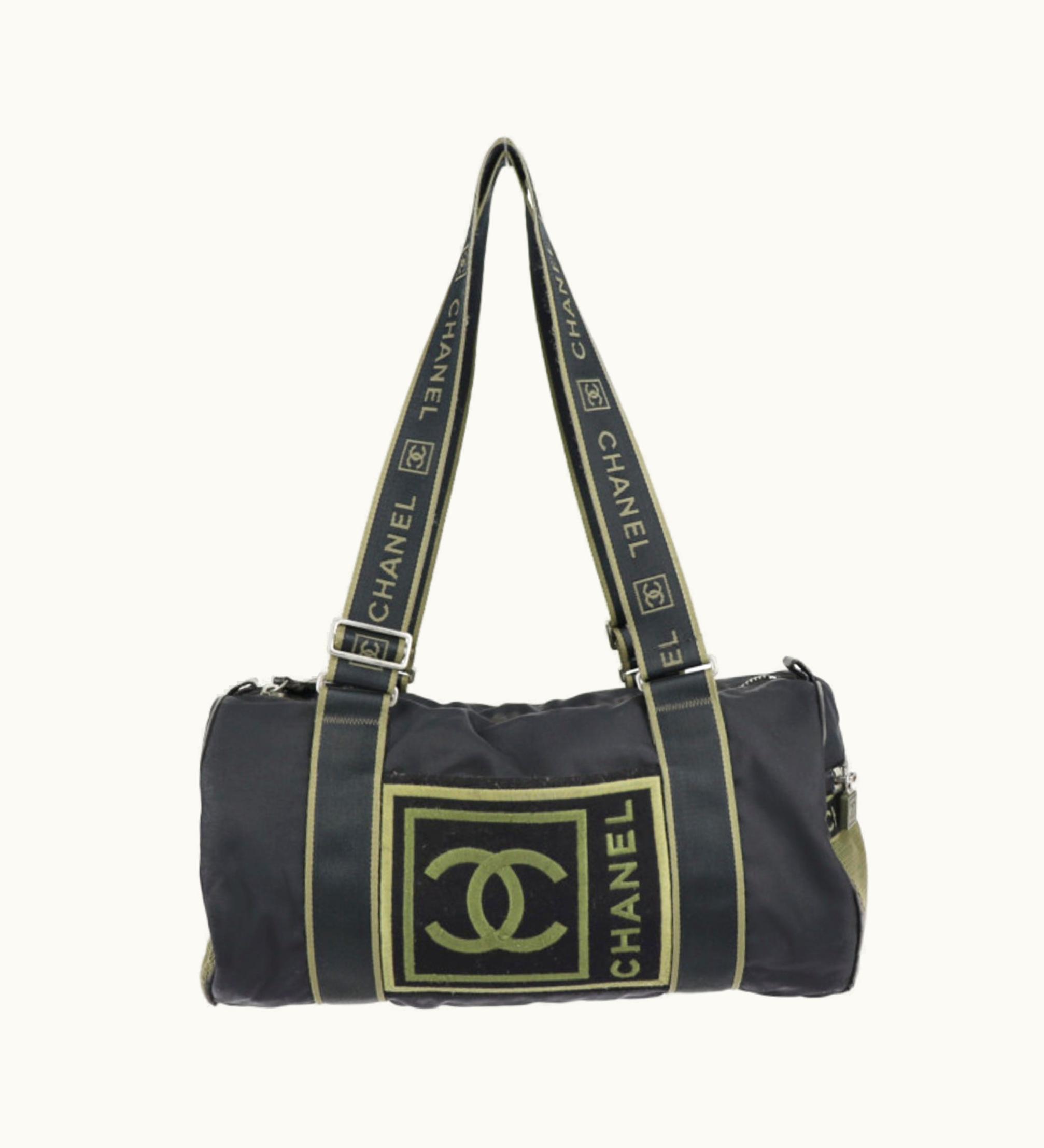 Chanel Chanel Sport Line Boston Bag Nylon Canvas Black Khaki Green Shoulder Travel Cocomark 10 Series Round Cylindrical