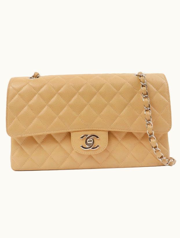 Chanel Chanel Around 1998 Made Caviar Skin Classic Flap Chain Bag 25Cm Beige/Silver