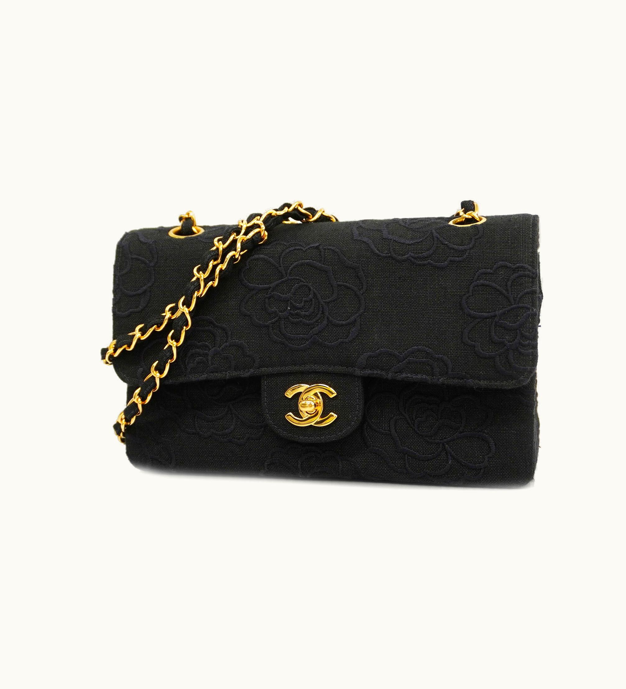Chanel Chanel Camellia W Flap W Chain Women's Canvas Shoulder Bag Black