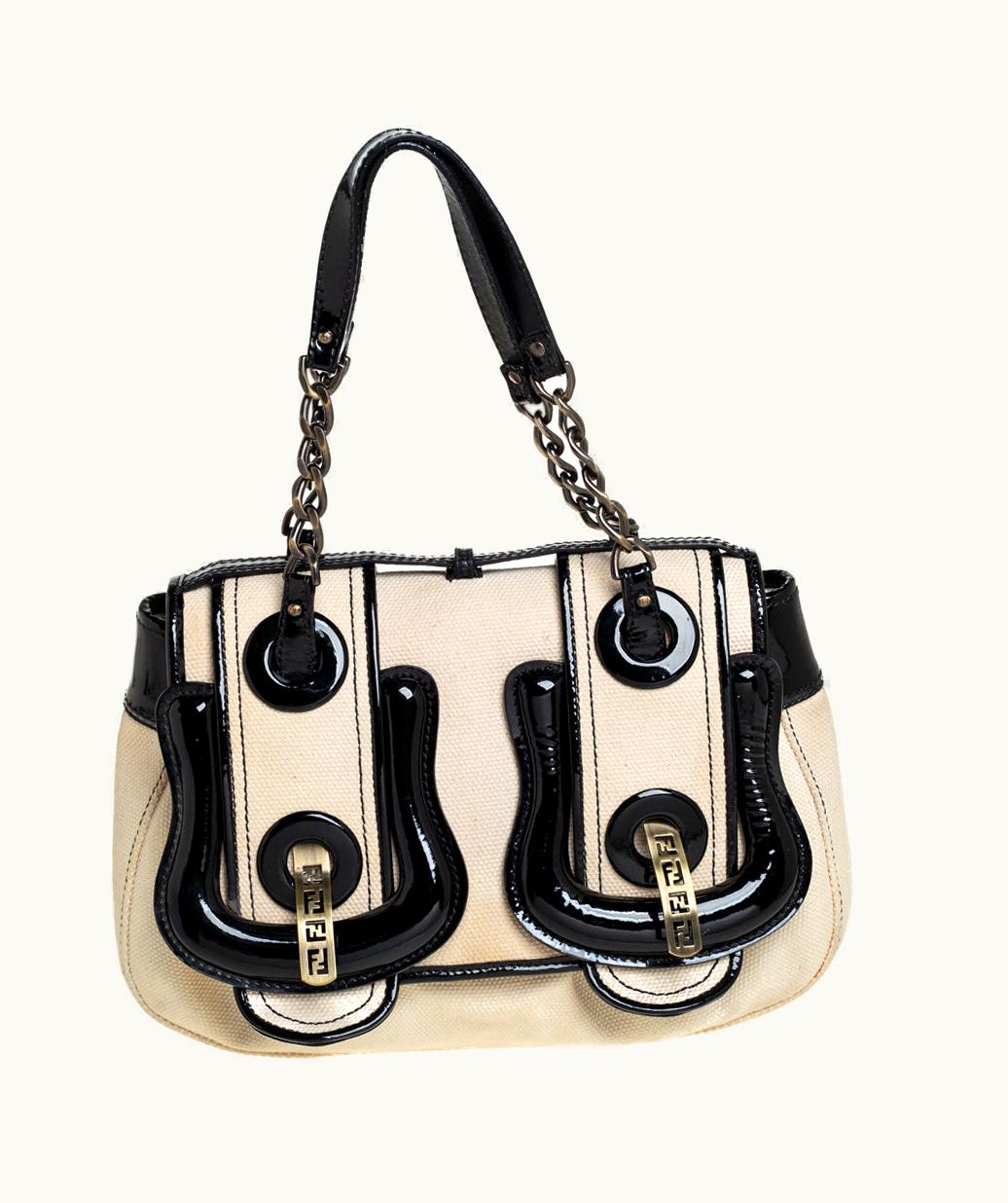 Fendi Fendi B Canvas And Patent Leather Shoulder Bag Black