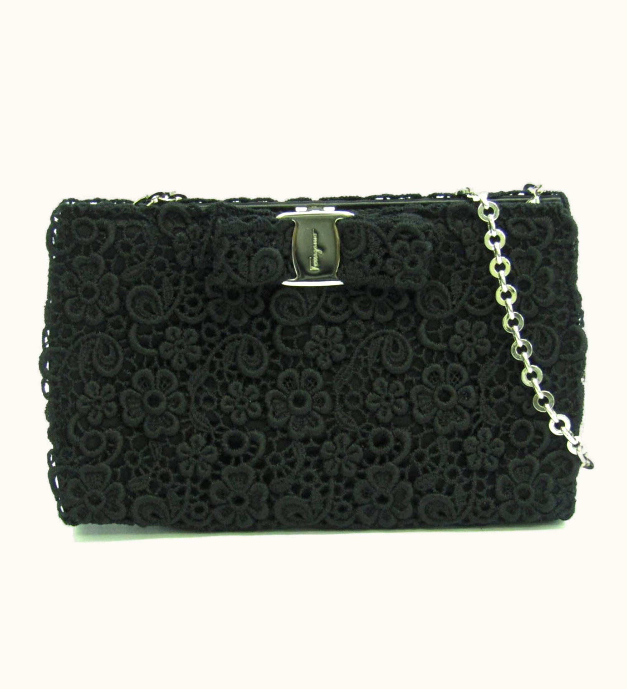 Salvatore Ferragamo Salvatore Ferragamo Vara Lace Knitting Embroidery Kb-22 B594 Women's Satin Handbag, Pouch Black
