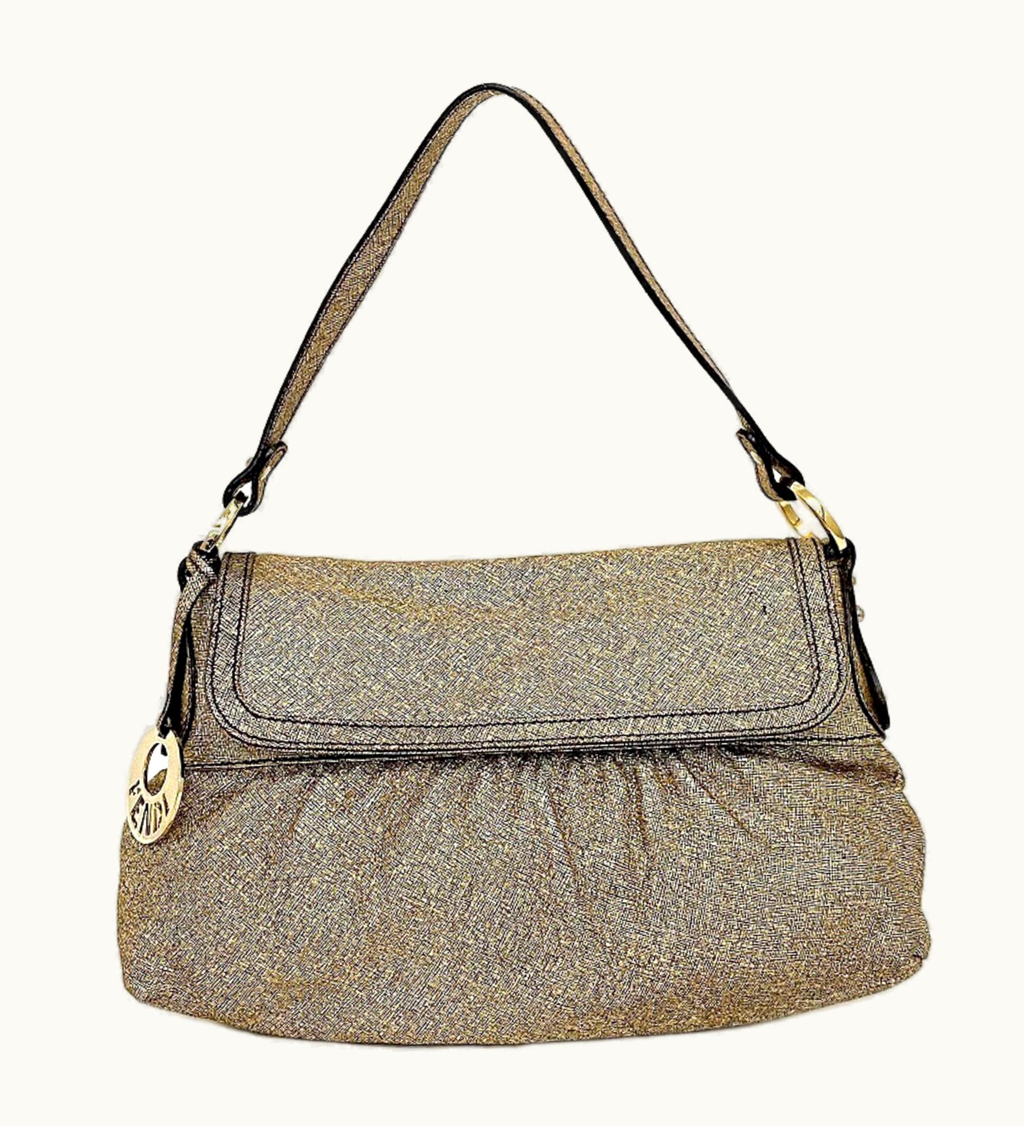 Fendi Fendi Handbag Gold Lame 8Bk042 Canvas Leather Fendi Semi-Shoulder Bag Flap One Shoulder Ladies