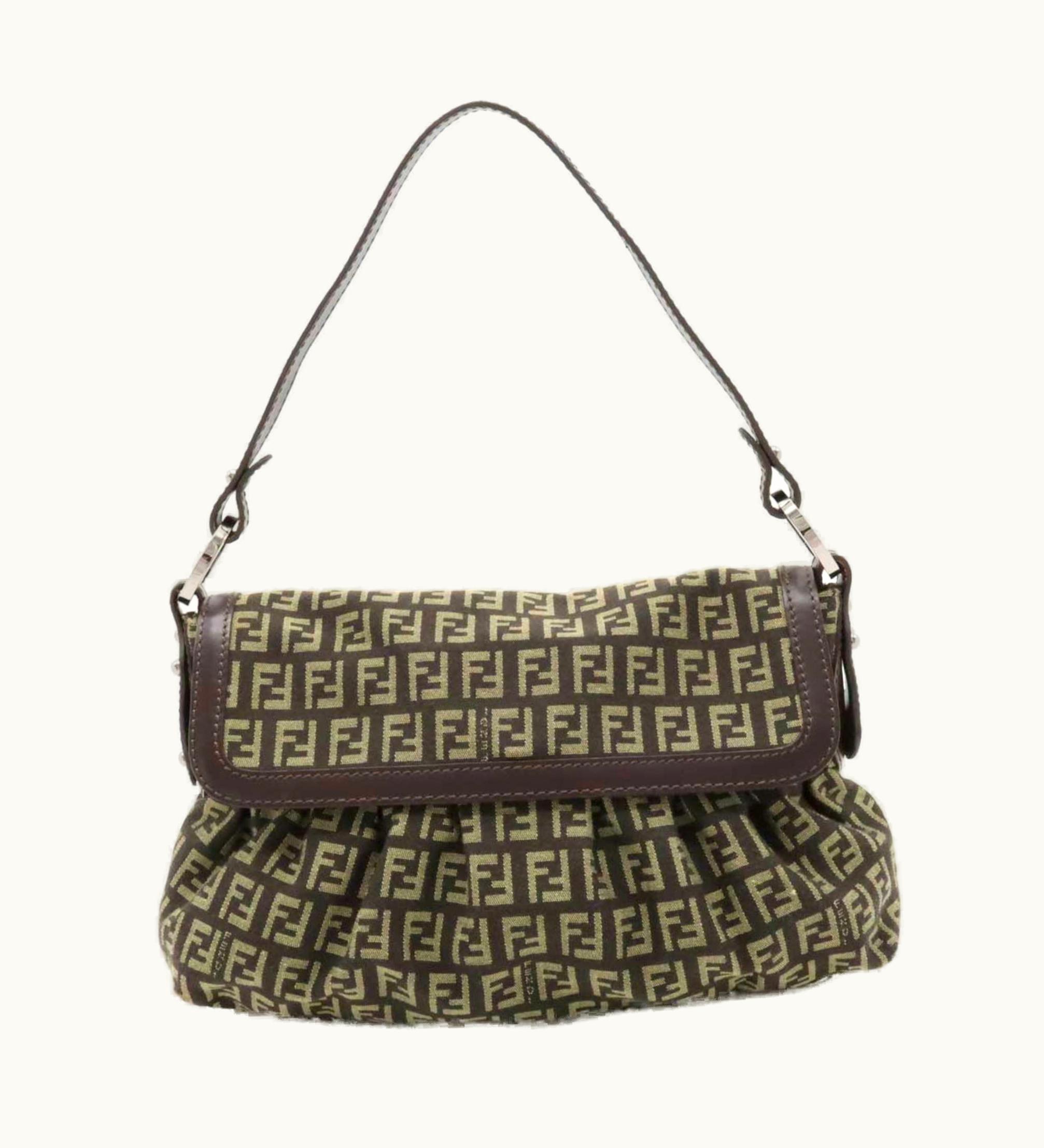 Fendi Fendi Zucchino Pattern Chef Bag Shoulder Handbag Canvas Dark Brown Beige 8Br353