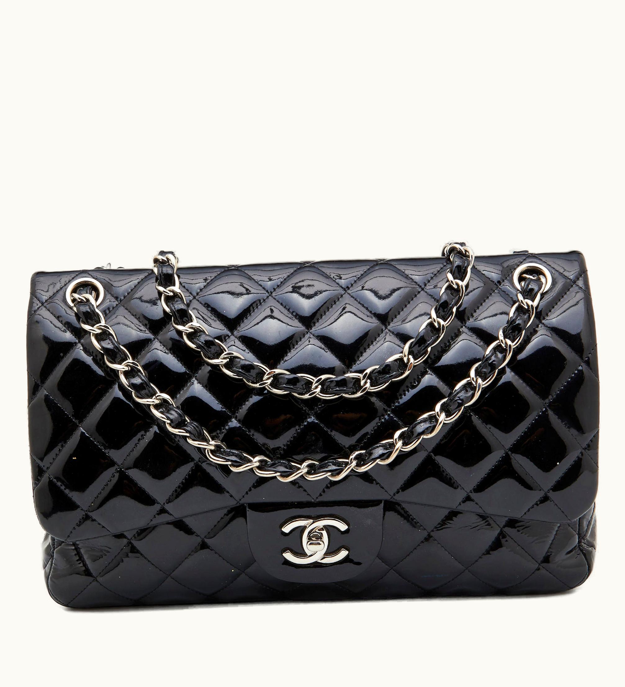 Chanel Chanel Black Quilted Patent Leather Jumbo Classic Double Flap Bag