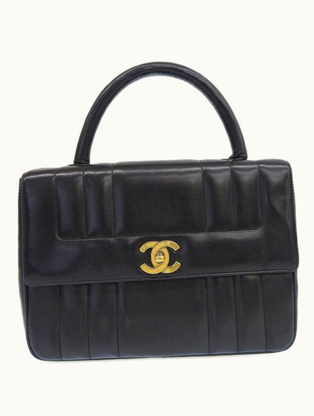 Chanel Chanel Around 1995 Made Mademoiselle Stitch Turn-Lock Top Handle Bag Black
