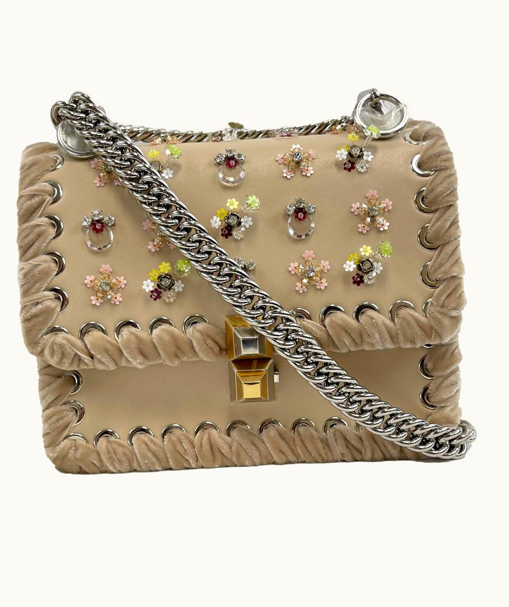 Fendi Fendi - New Kan I Bag Embellished Whipstitch Leather - Nude Beige Crossbody