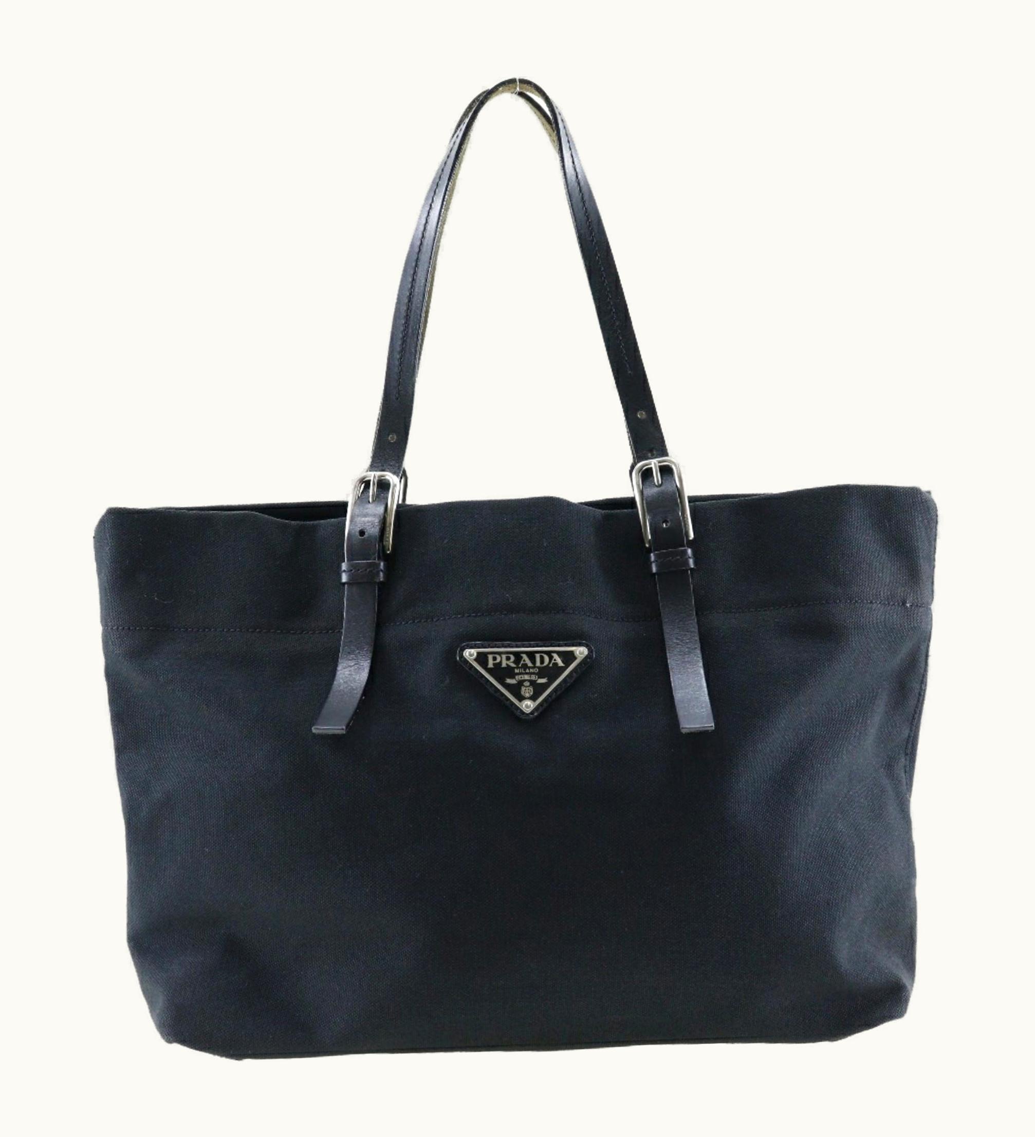 Prada Prada Logo Plate Tote Bag Canvas Made In Italy Black Shoulder Handbag A4 Open With Ladies