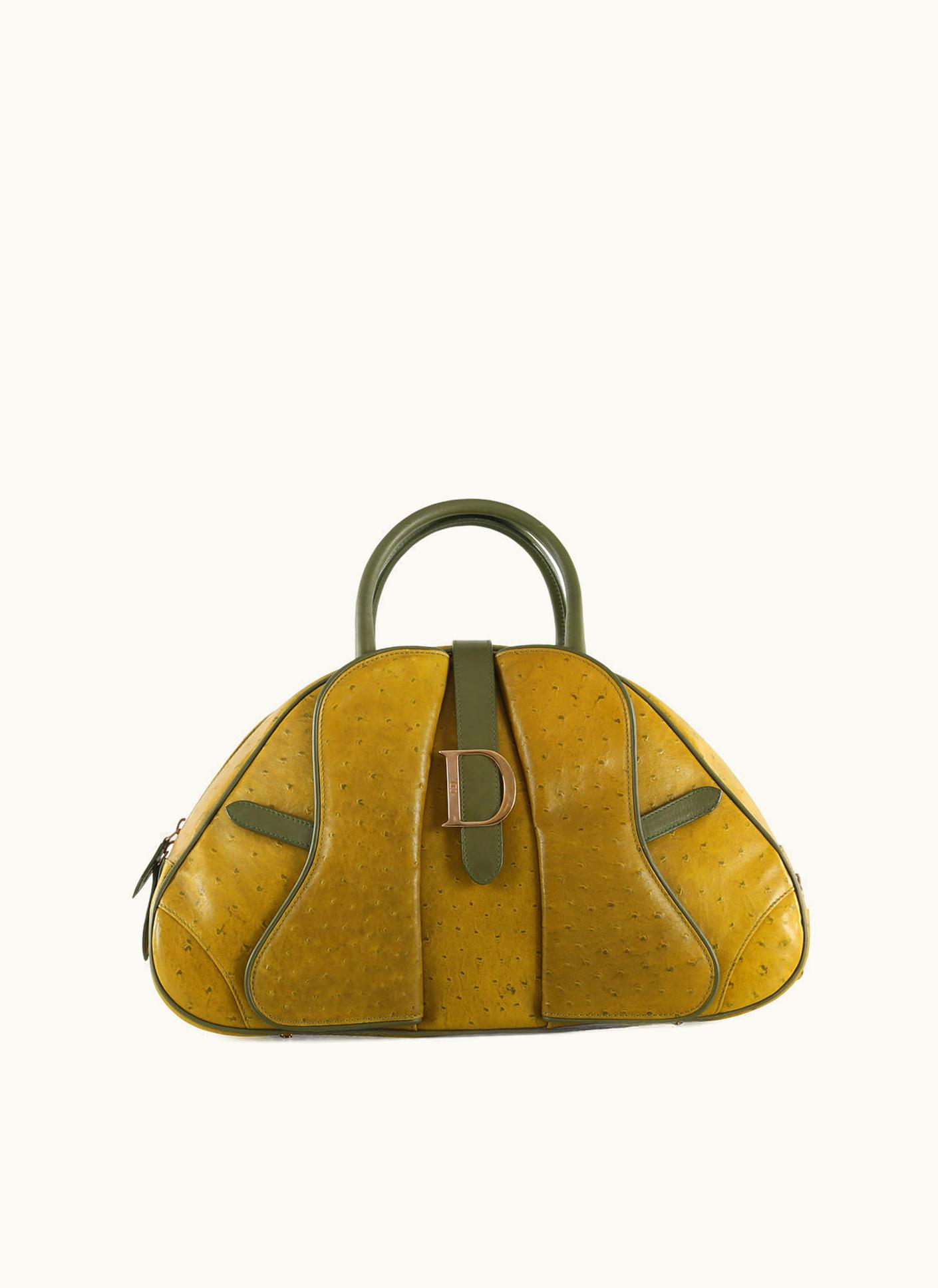 Dior Dior Christian Dior Olive Green Ostrich Leather Medium Saddle Bowler Bag