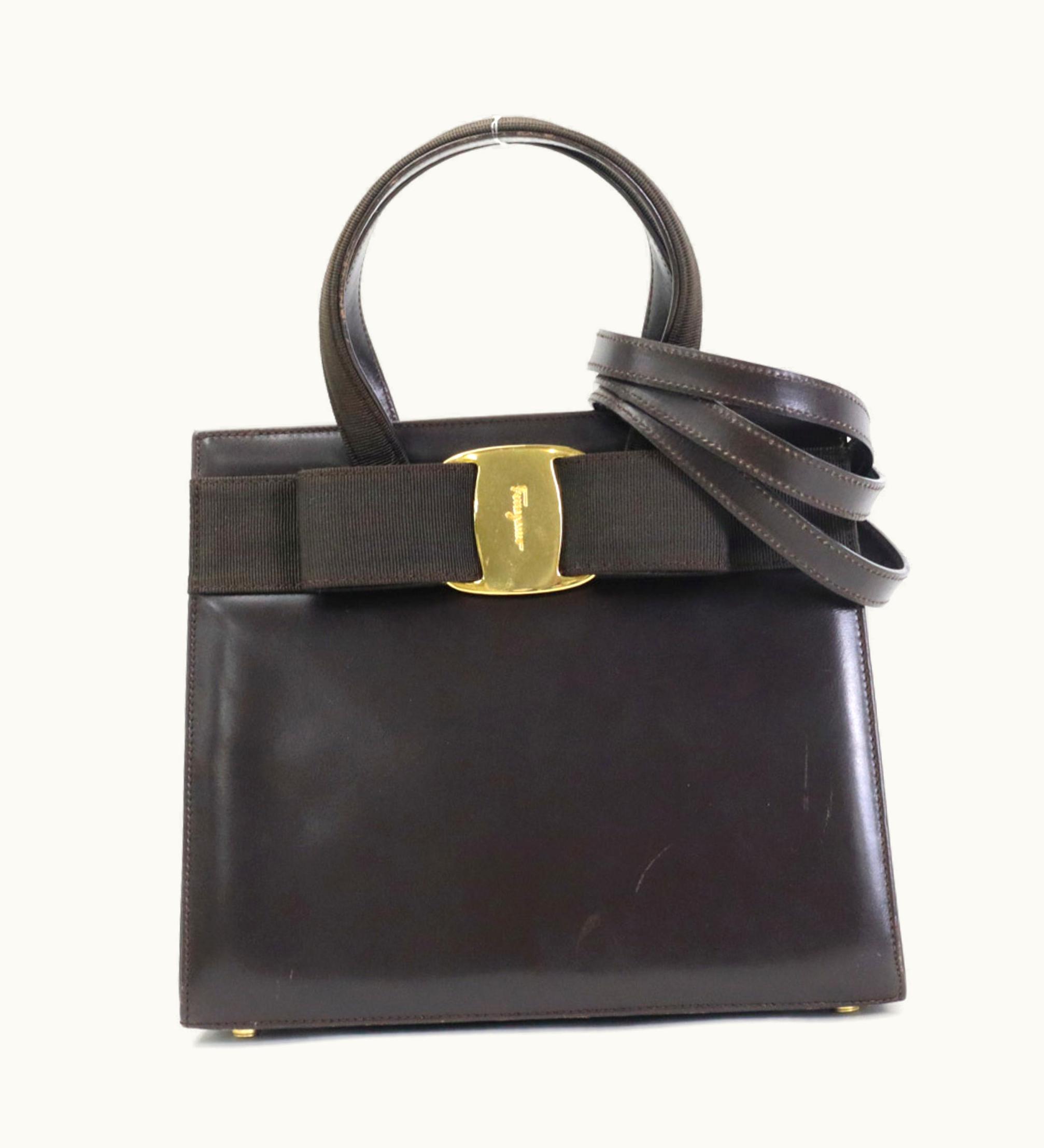 Salvatore Ferragamo Salvatore Ferragamo Handbag Shoulder Bag Vala Ribbon Leather/Canvas Dark Brown Gold Women's E55873G