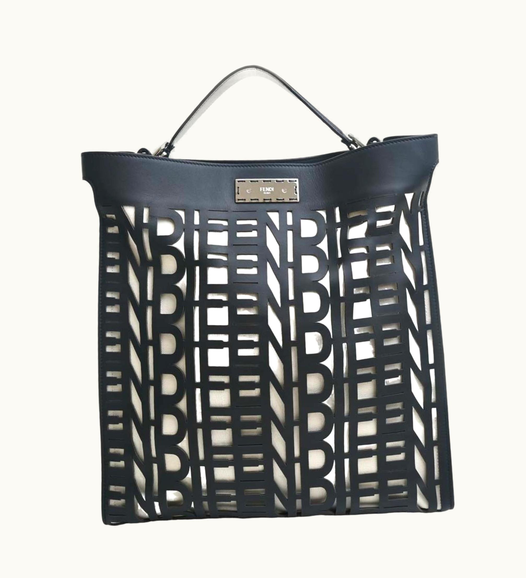 Fendi Fendi Leather Canvas Peekaboo X-Rite Shoulder Bag 7V47 Black Natural Ladies