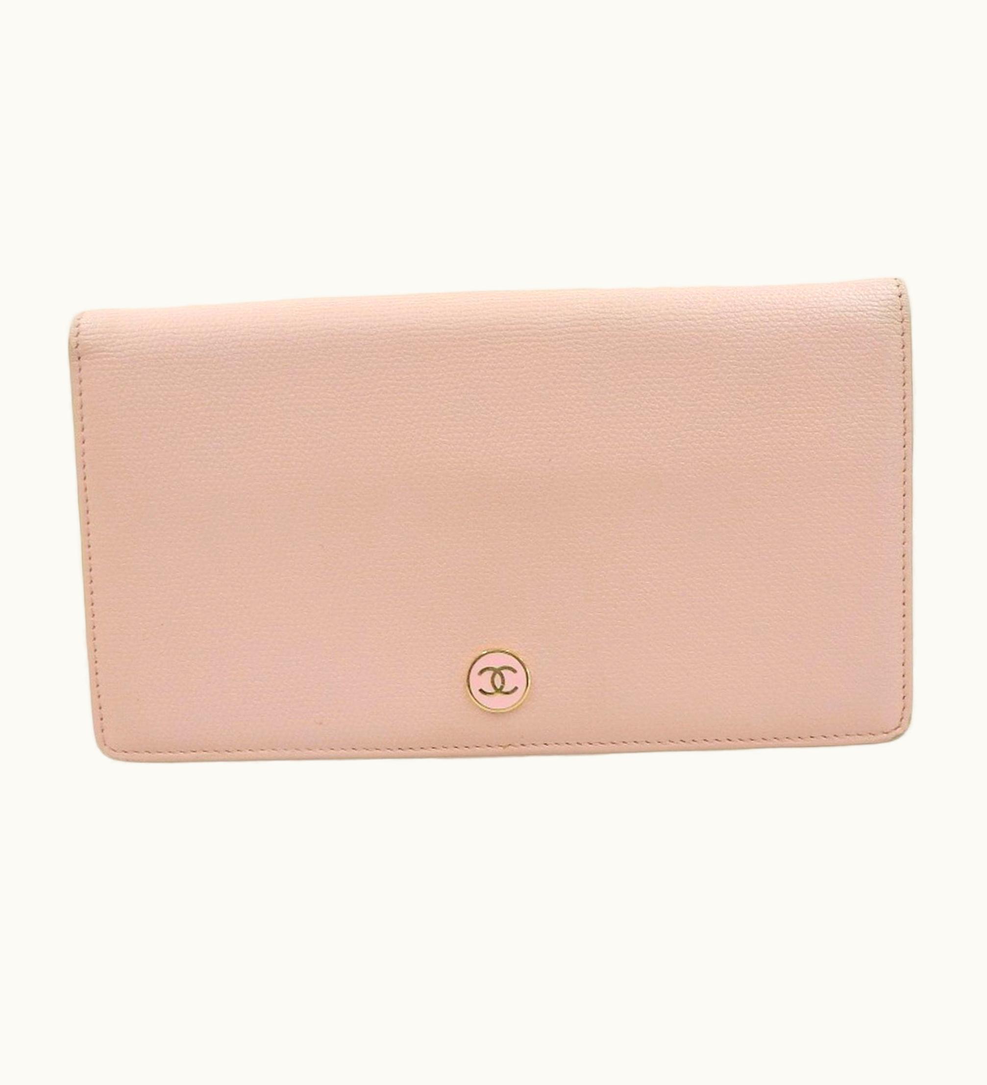 Chanel Chanel Here Mark Button Bi-Fold Long Wallet Leather Pink A20904 With Seal 8Th Series
