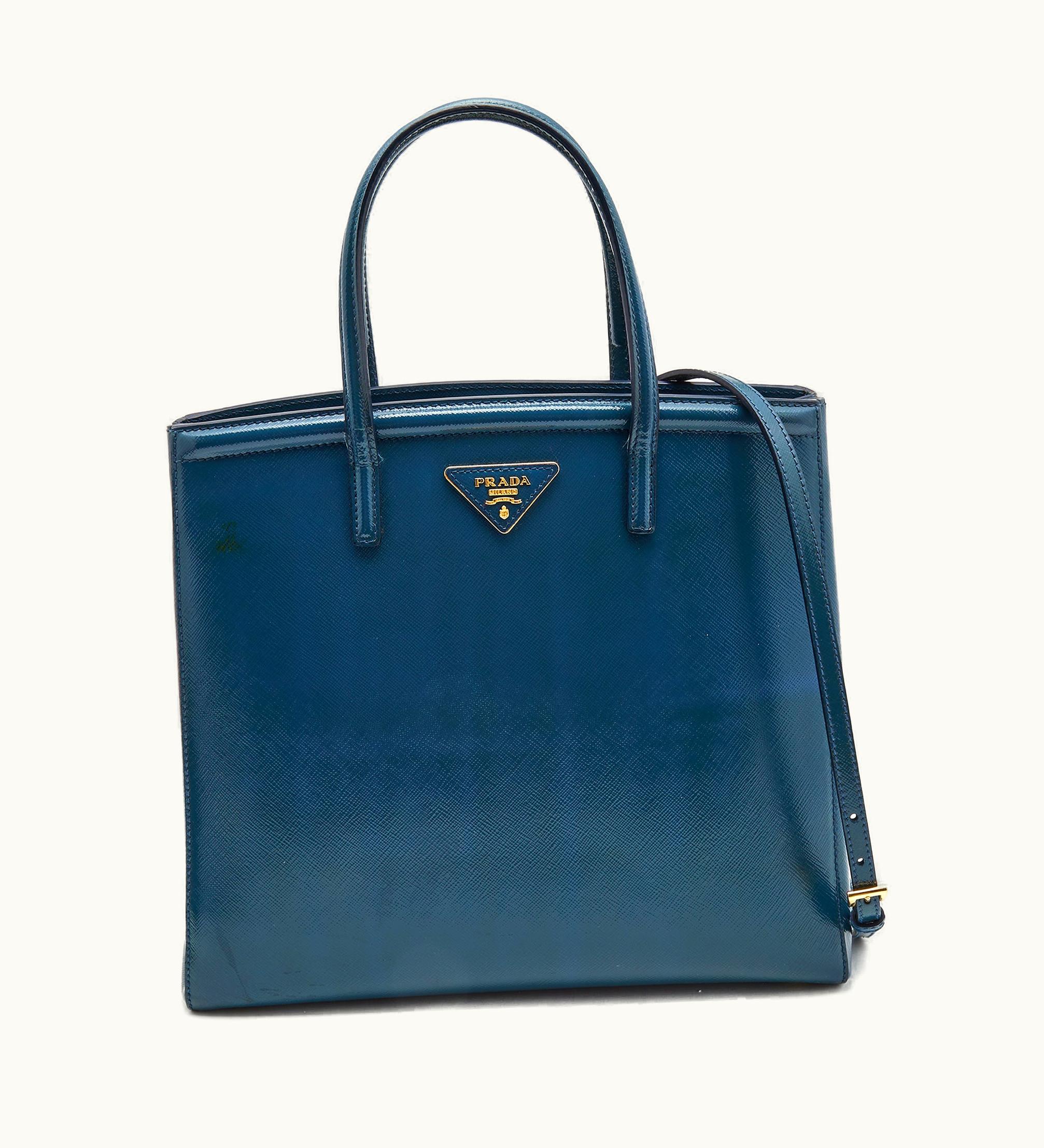 Prada Prada Teal Blue Saffiano Vernice Leather Parabole Tote