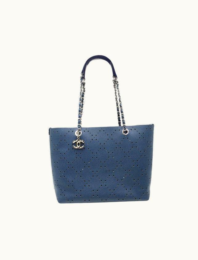 Chanel Chanel Blue Perforated Large Shopping Tote-Grained Calfskin Caviar Leather - Pouch