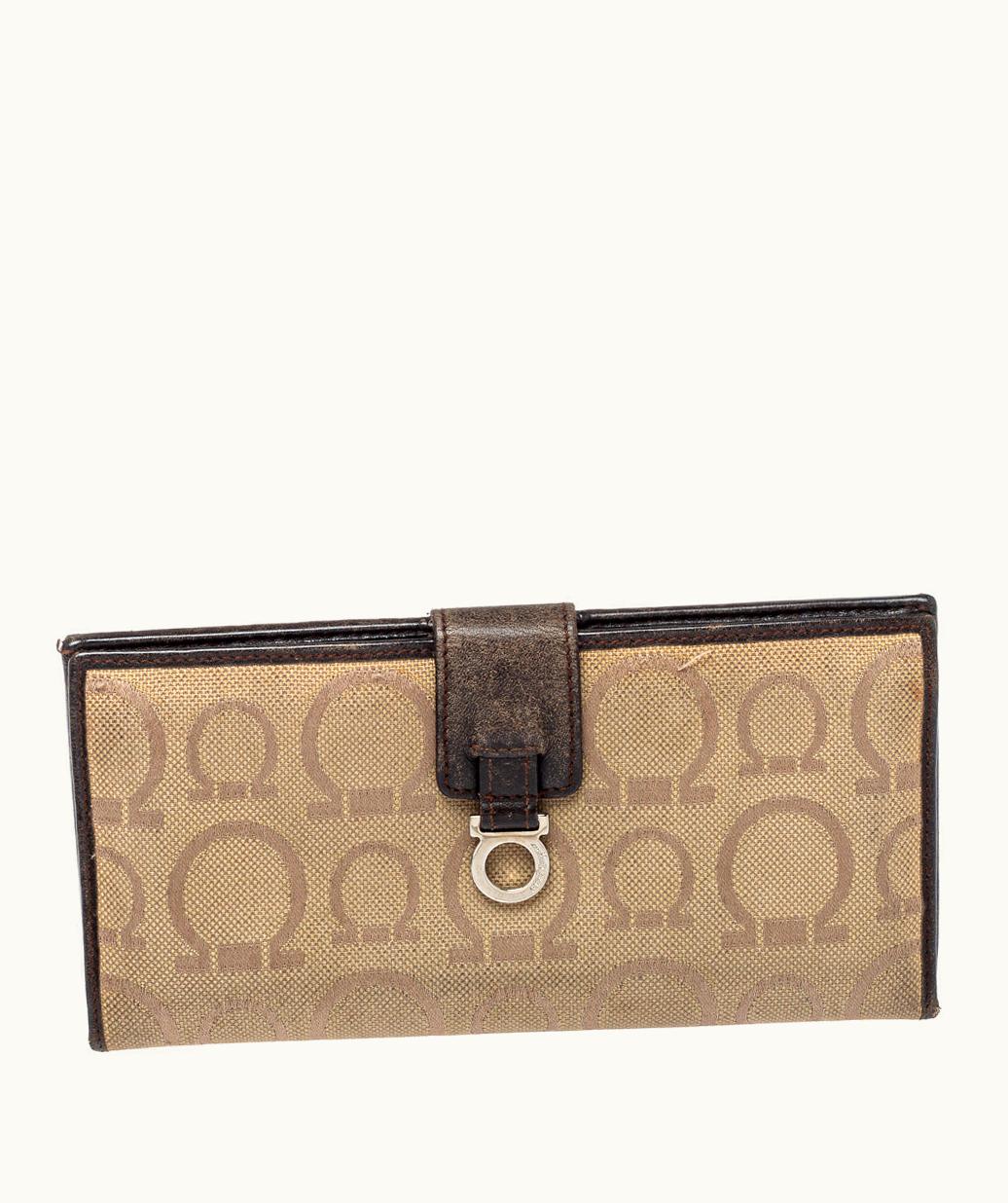 Salvatore Ferragamo Salvatore Ferragamo Beige/Brown Gancini Canvas And Leather Wallet