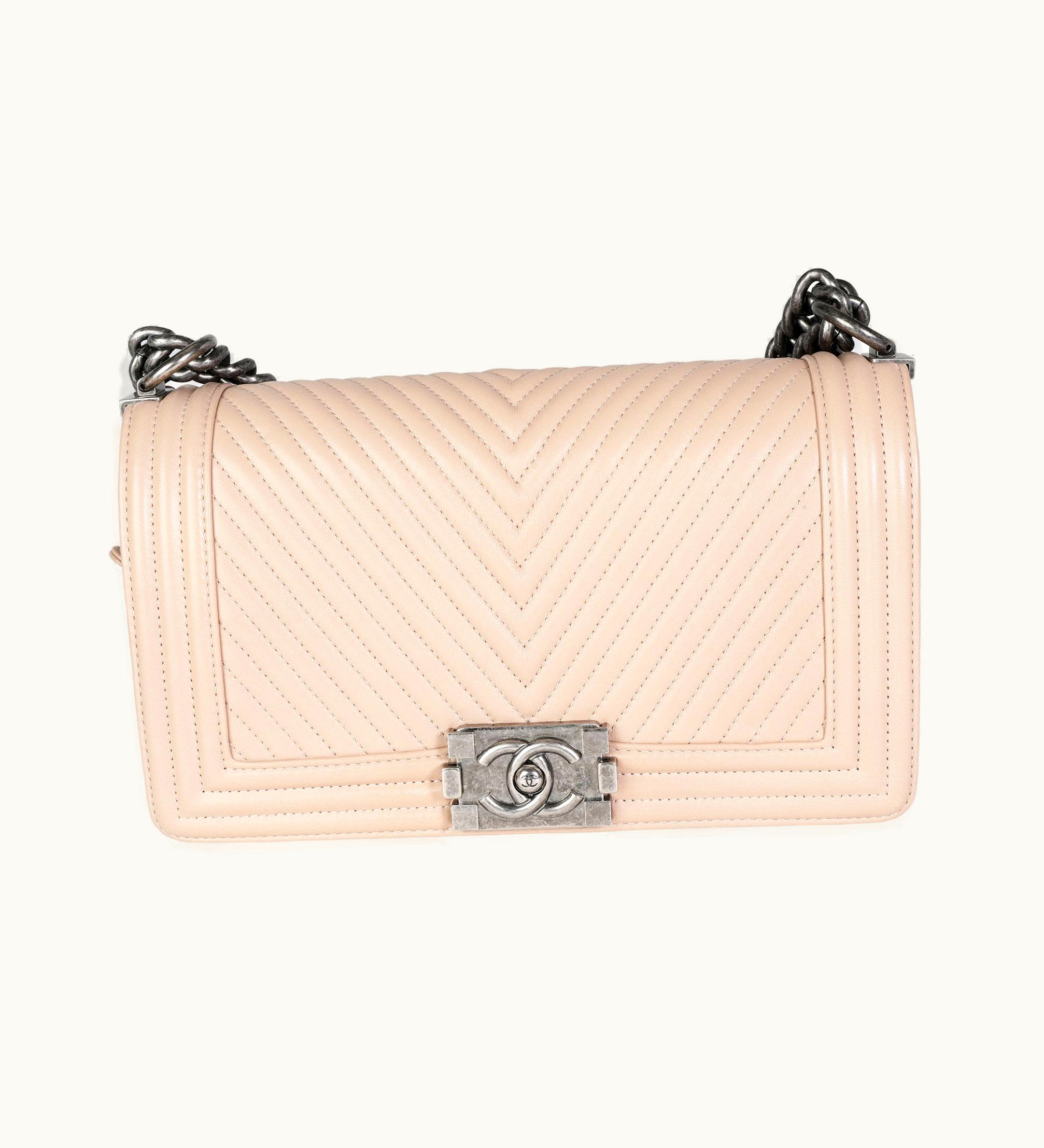 Chanel Chanel Light Beige Chevron Quilted Lambskin Medium Boy Bag