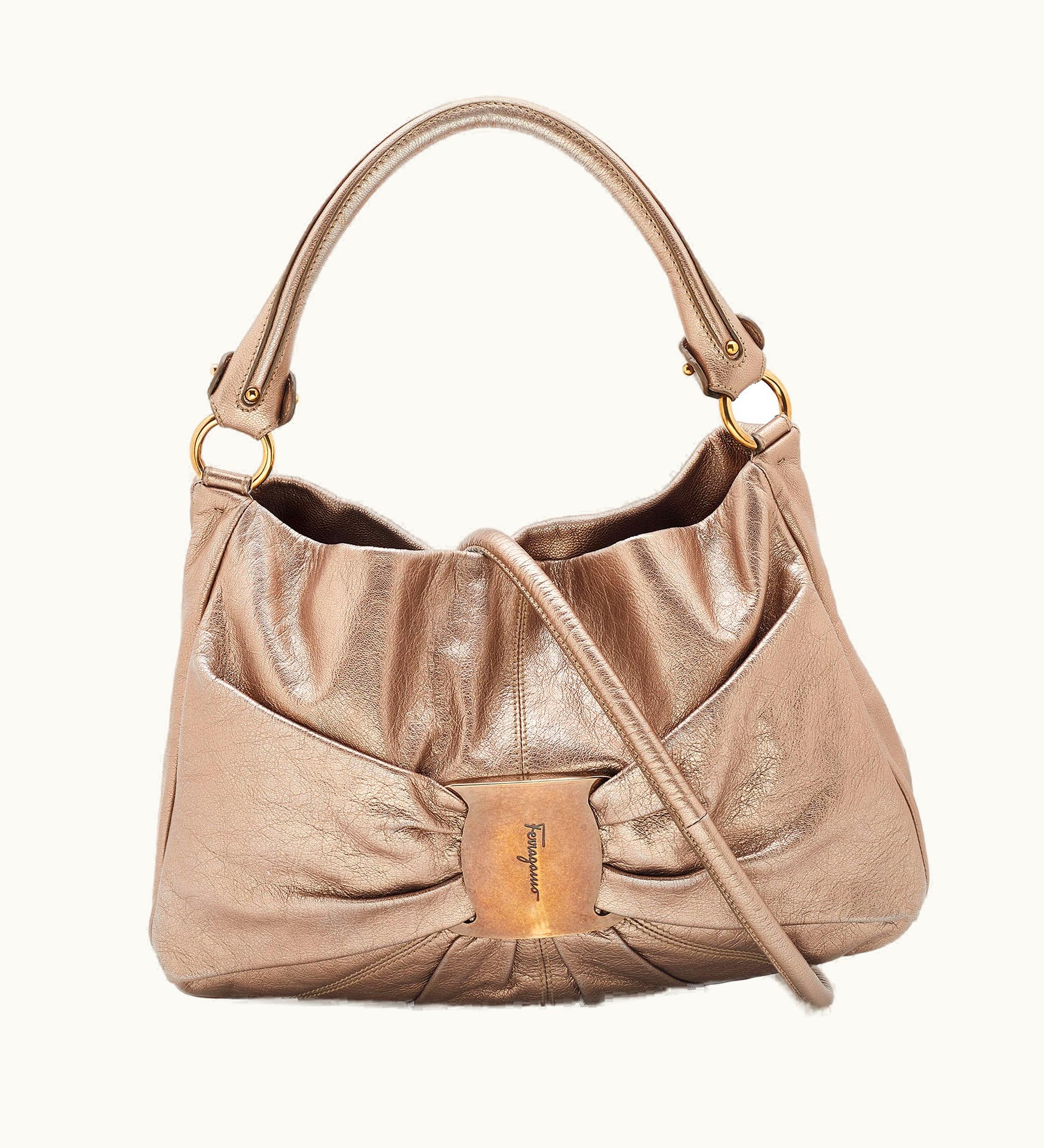 Salvatore Ferragamo Salvatore Ferragamo Bronze Leather Pleated Bow Hobo