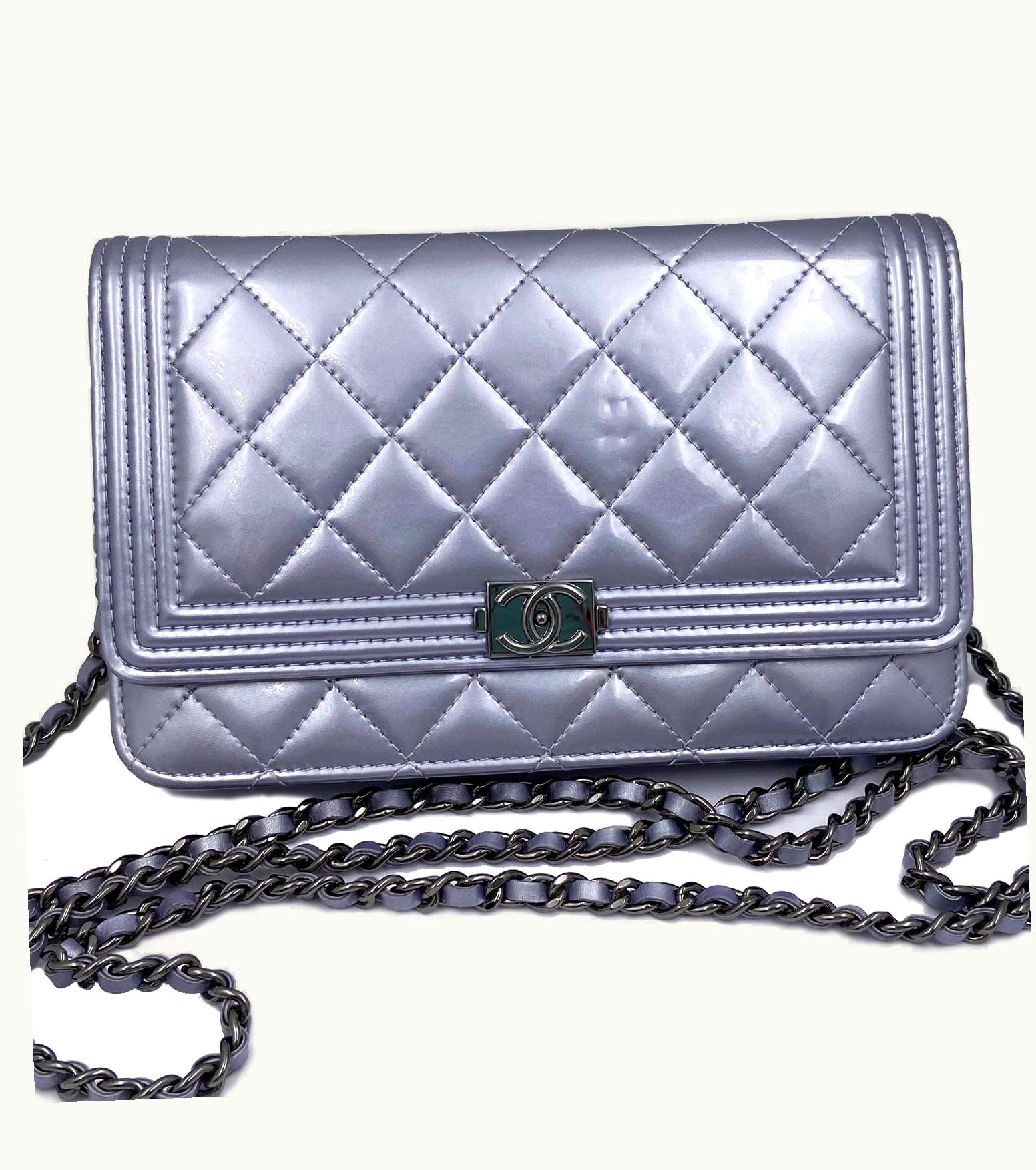 Chanel Chanel Silver Patent Leather Boy Wallet On Chain Woc Crossbody Bag