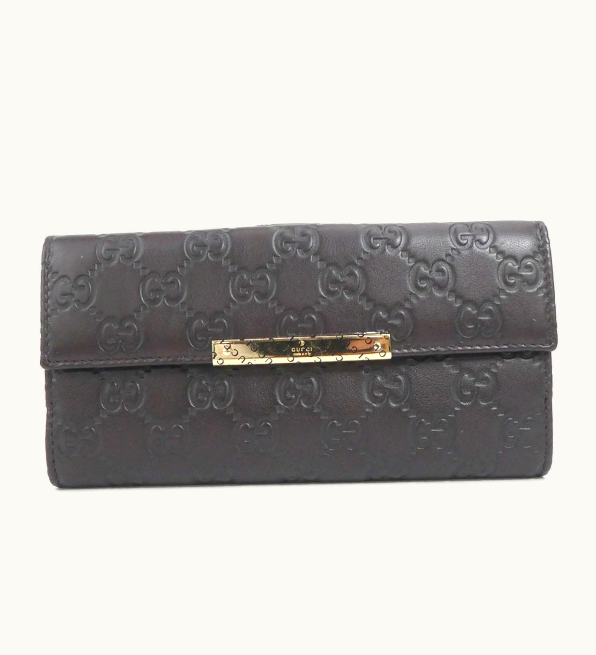 Gucci Gucci Long Wallet Sima Leather Dark Brown Gold Unisex 112715