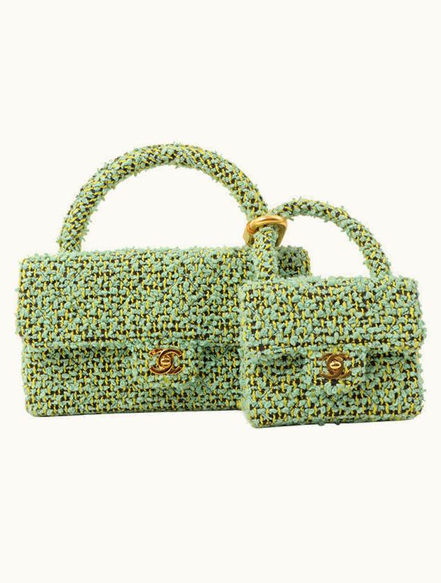 Chanel Chanel Around 1993 Made Tweed Classic Flap Top Handle Bag With Micro Bag Apple Green