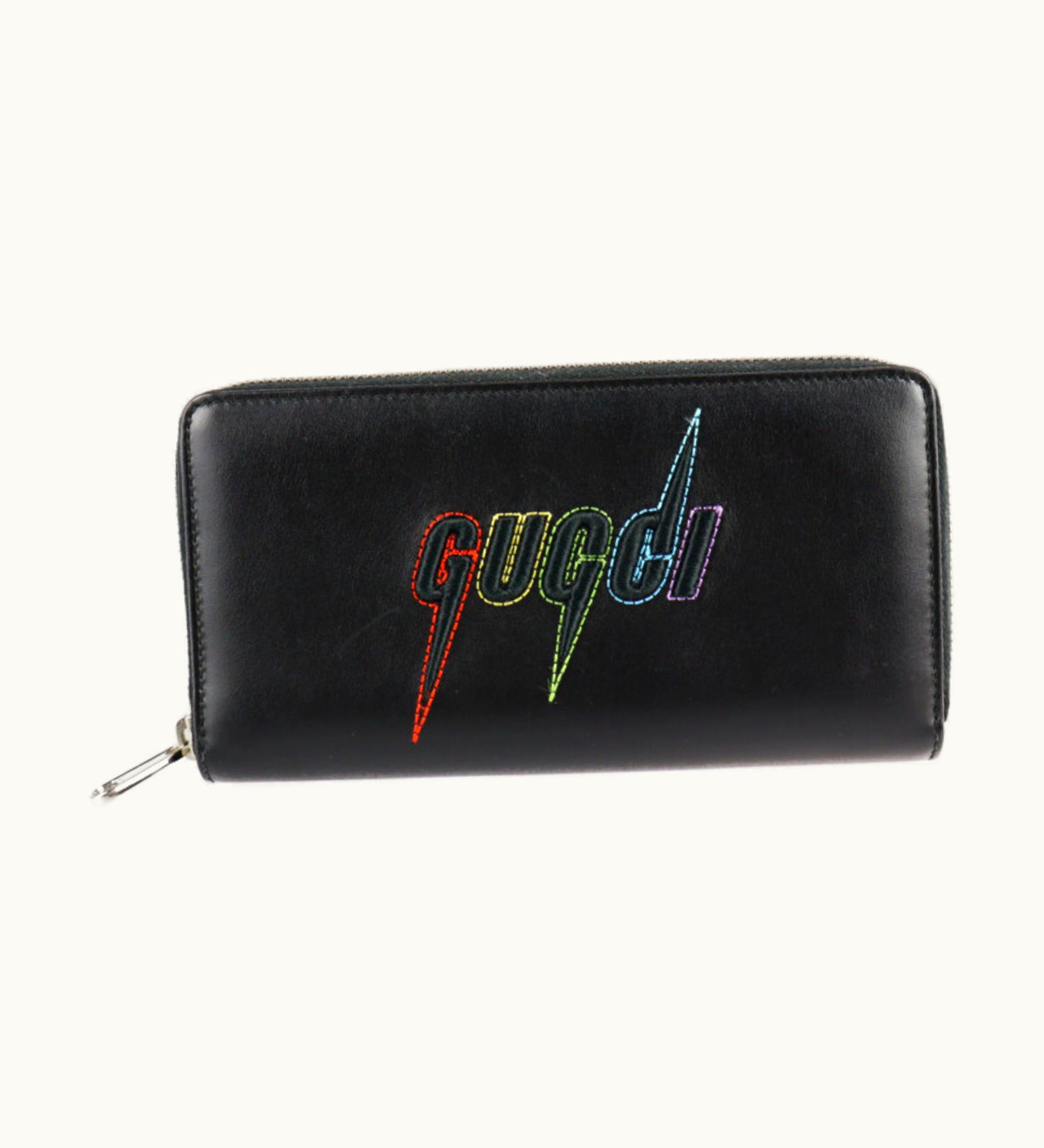Gucci Gucci Blade Logo Embroidery Long Wallet 597677 Leather Black Round Zipper Zip Around
