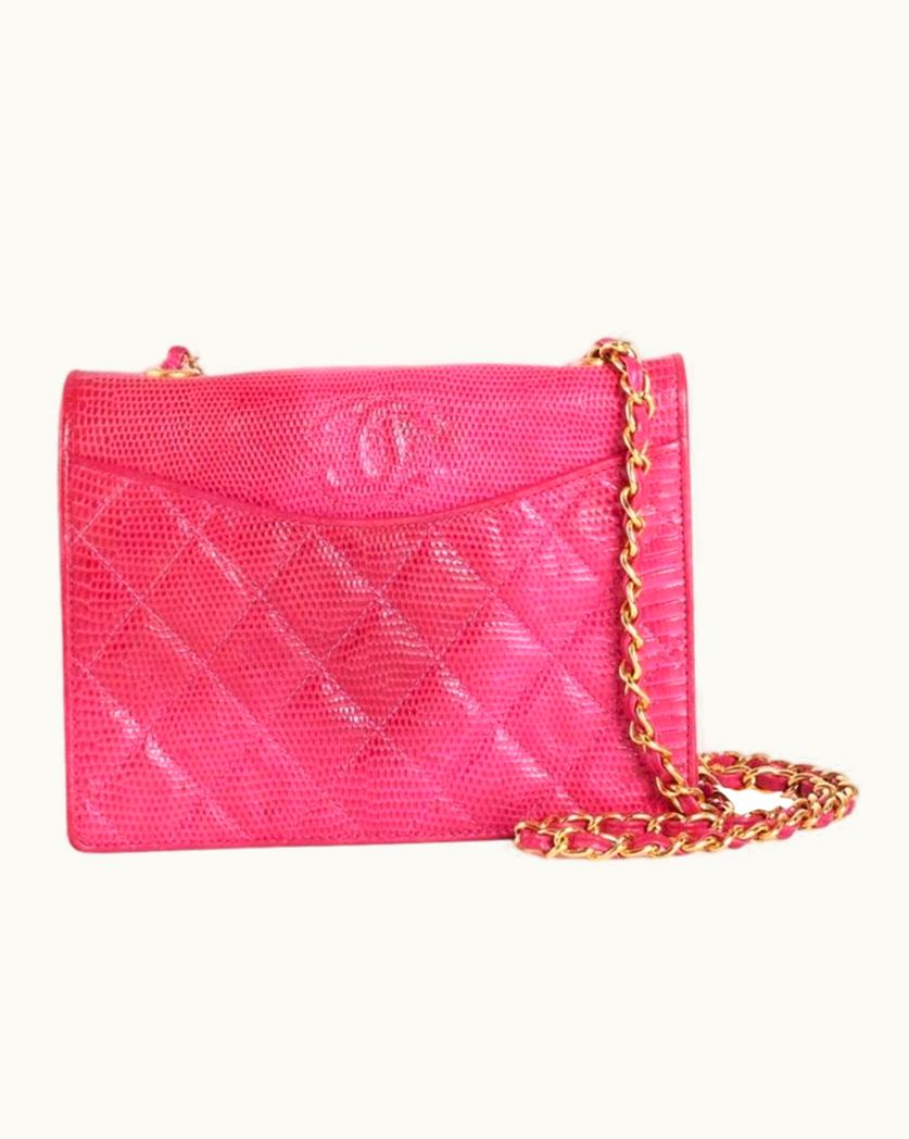 Chanel Chanel Vintage Hot Pink Genuine Lizard Leather Envelop Style Flap Shoulder Bag With CC Stitch Mark And Golden Chain Strap