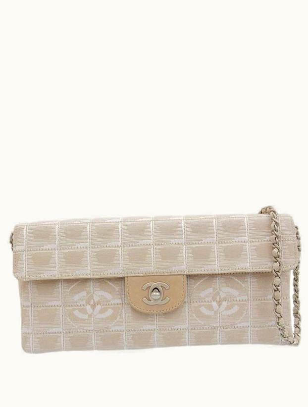 Chanel Chanel Around 2000 Made New Travel Line Nylon Chocolate Bar Turn-Lock Chain Bag Beige