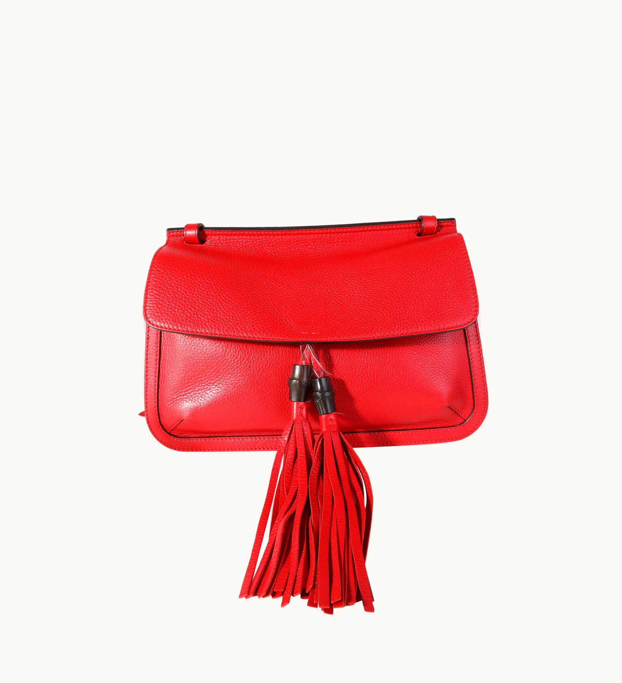 Gucci Gucci Red Pebbled Calfskin Medium Bamboo Daily Flap Shoulder Bag