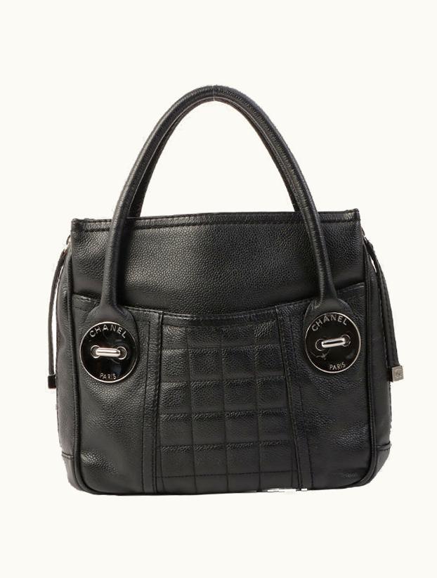 Chanel Chanel Around 2004 Made Caviar Skin Big Logo Button Motif Handle Bag Black