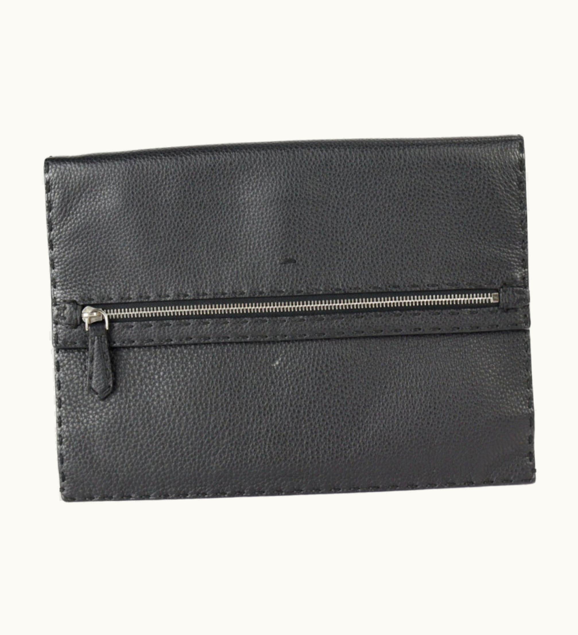 Fendi Fendi Selleria Clutch Bag 7Va376 Roman Leather Black Silver Hardware Wristlet Second Pouch