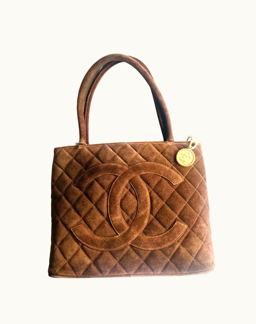 Chanel Chanel Vintage Brown Suede Classic Tote Bag With Large CC Mark And Golden CC Medal Charm To The Zipper
