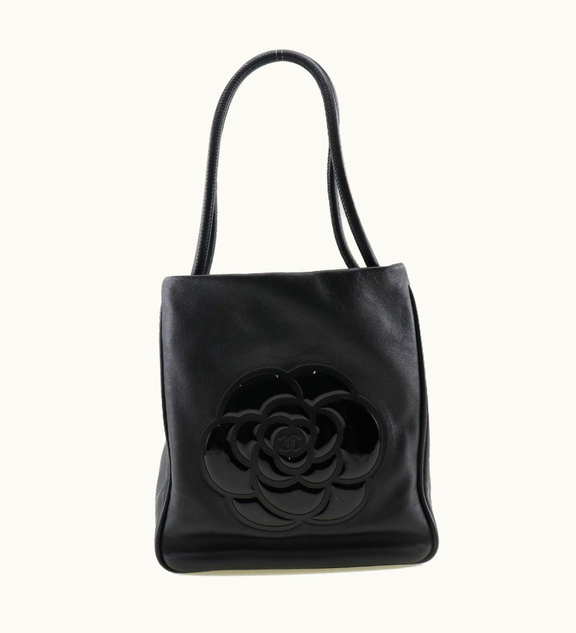 Chanel Chanel Camellia Tote Bag Logo Lambskin X Enamel Black Ladies