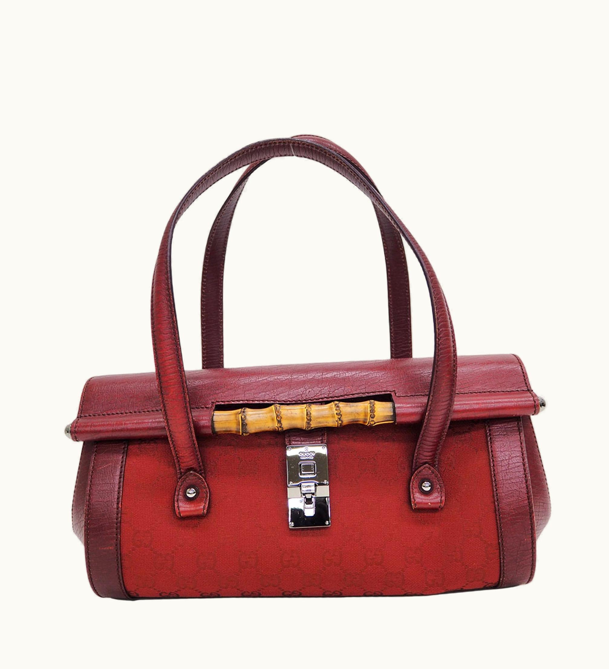 Gucci Gucci 111713 GG Canvas Bamboo Handbag Red Tubular Shoulder