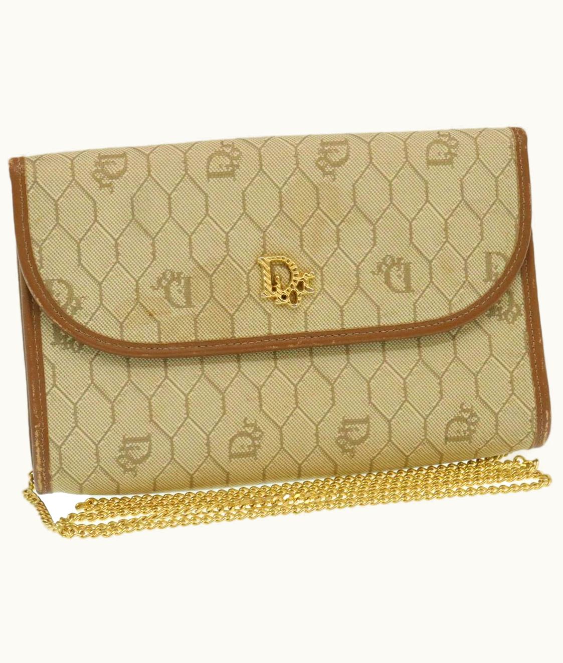 Dior Dior Christian Dior Honeycomb Chain Shoulder Bag Canvas Beige