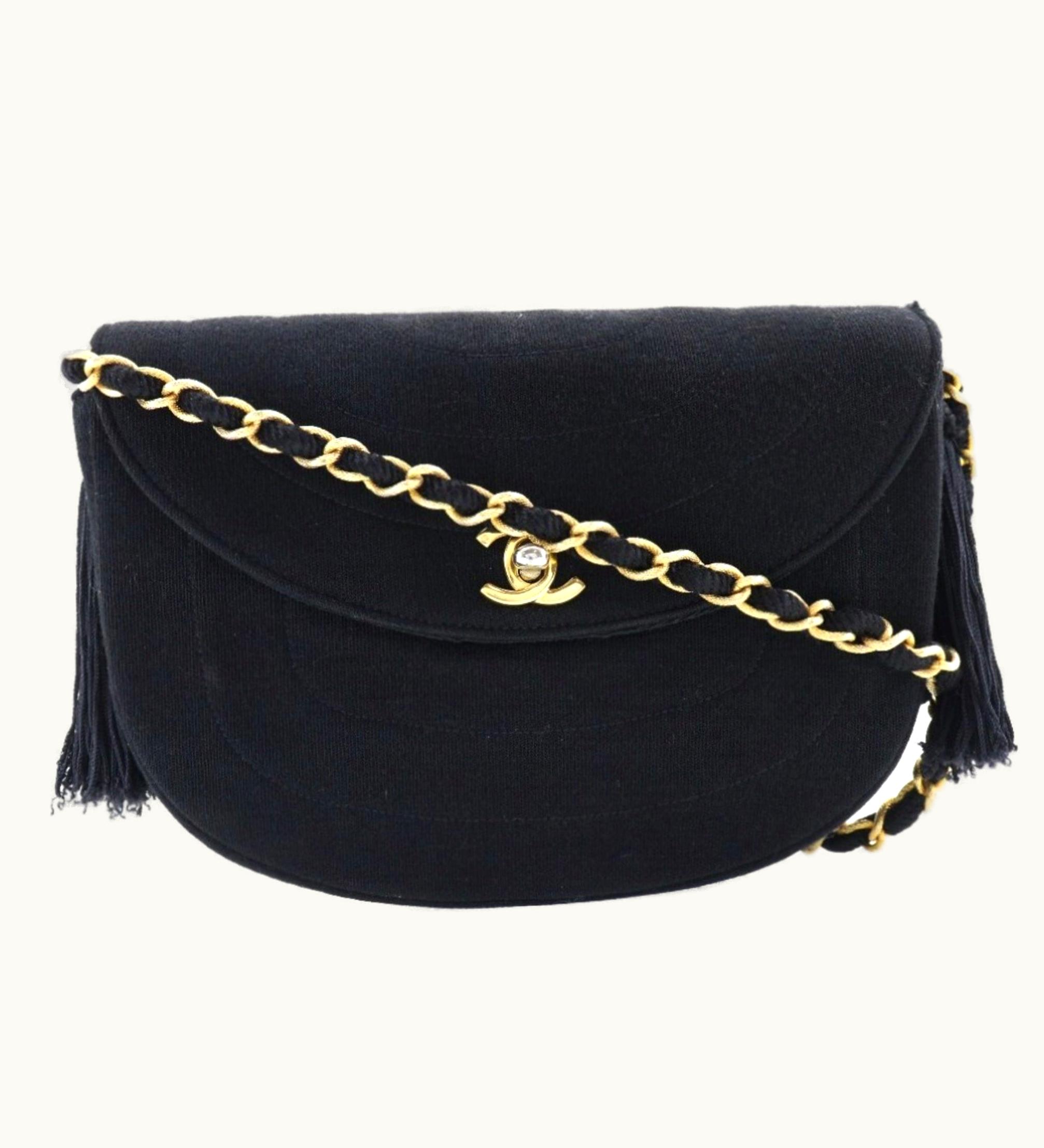 Chanel Chanel Chain Shoulder Bag Coco Mark Tassel Vintage Cotton France Black/Gold Hardware Crossbody Turn Lock Chainshoulder Women's