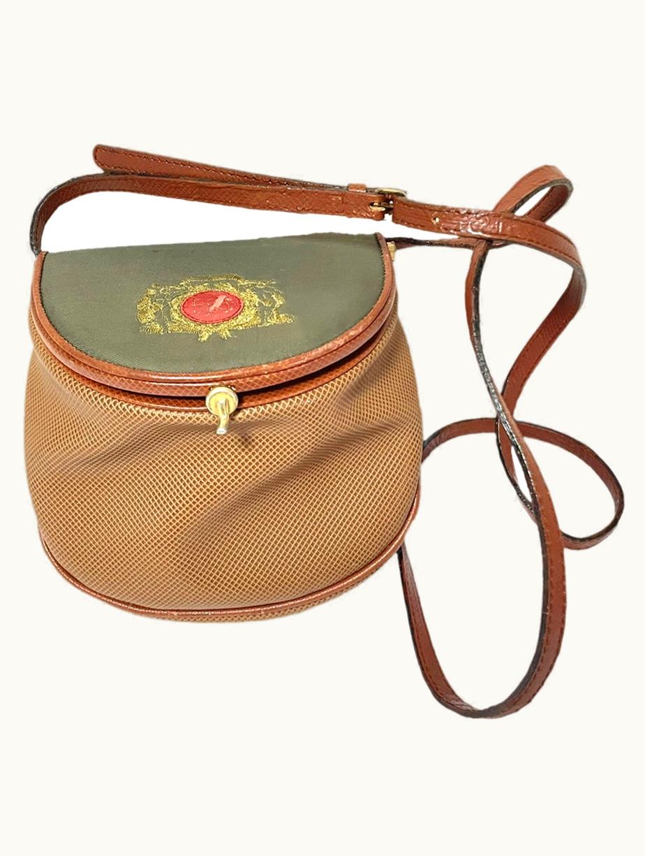 Bottega Veneta Bottega Veneta Vintage Brown And Khaki Fisherman Style Shoulder Bag With Gold Embroidery And Red Motif