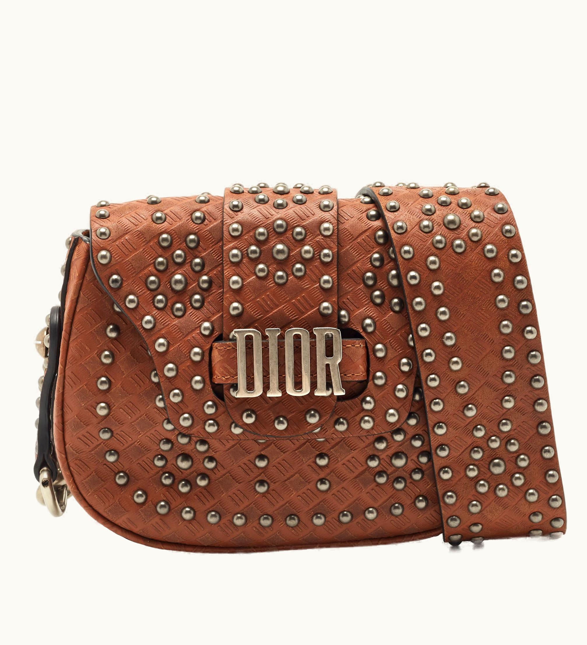 Dior Dior Brown Leather Studded D-Fence Chain Crossbody Bag