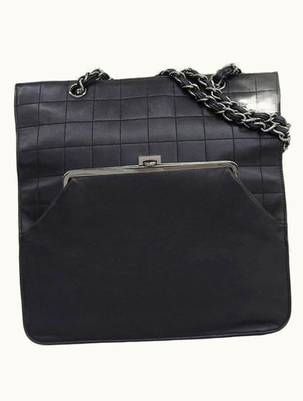 Chanel Chanel Around 2005 Made Chocolate Bar Metal Clasp Chain Tote Bag Black