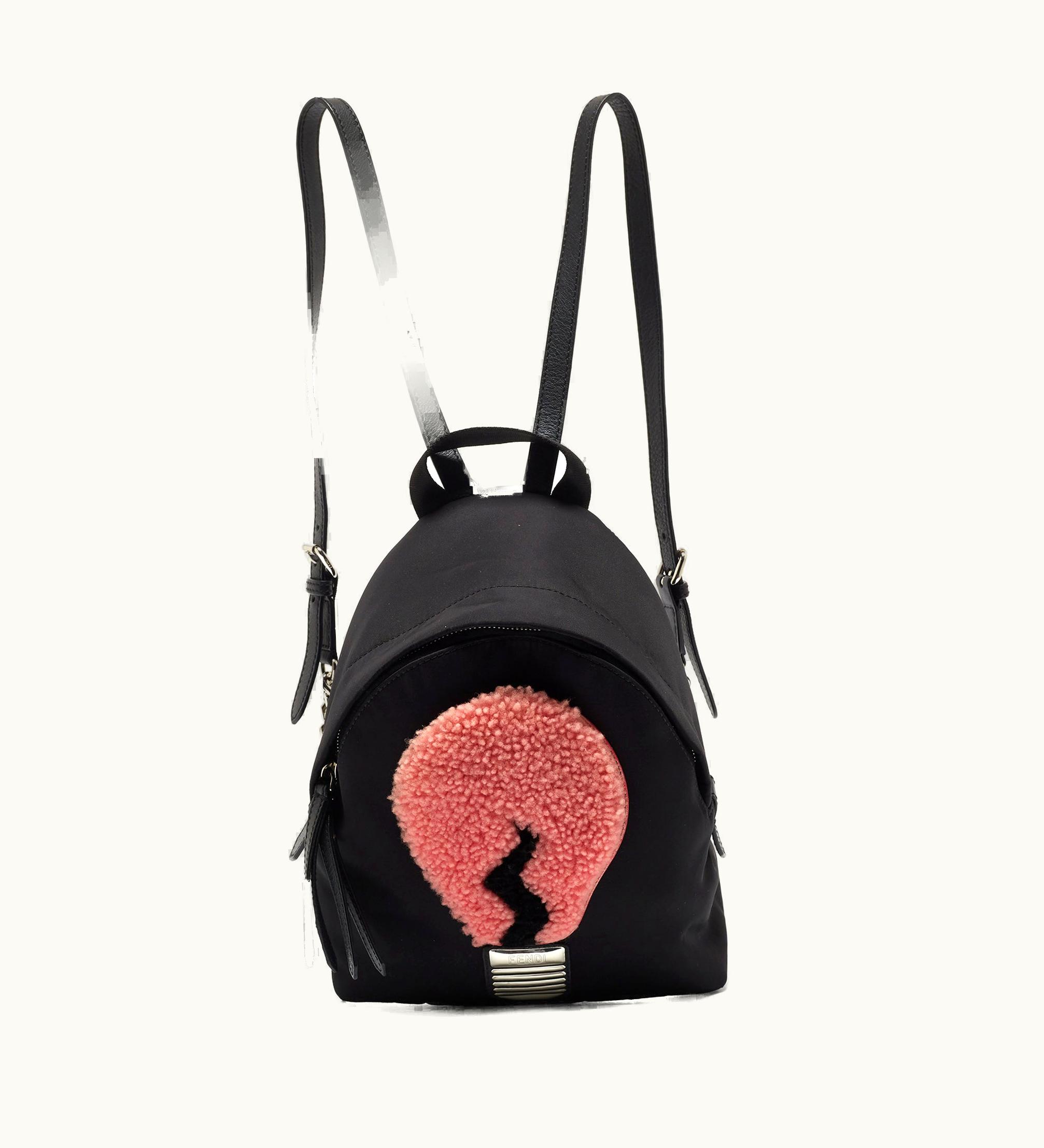 Fendi Fendi Black Nylon And Shearling Mini Dolce Lightbulb Backpack