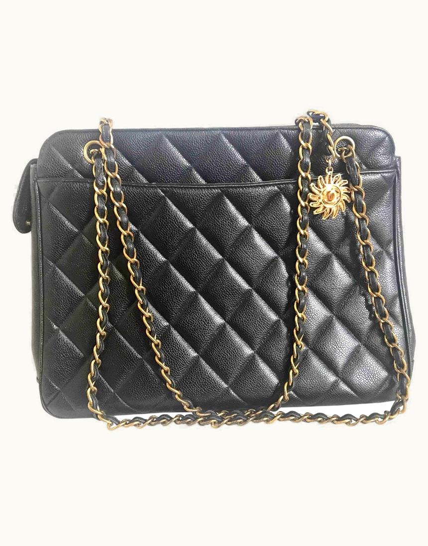 Chanel Chanel Vintage Black Caviar Matelasse Chain Shoulder Bag With Golden Sun Flower CC Mark Charm