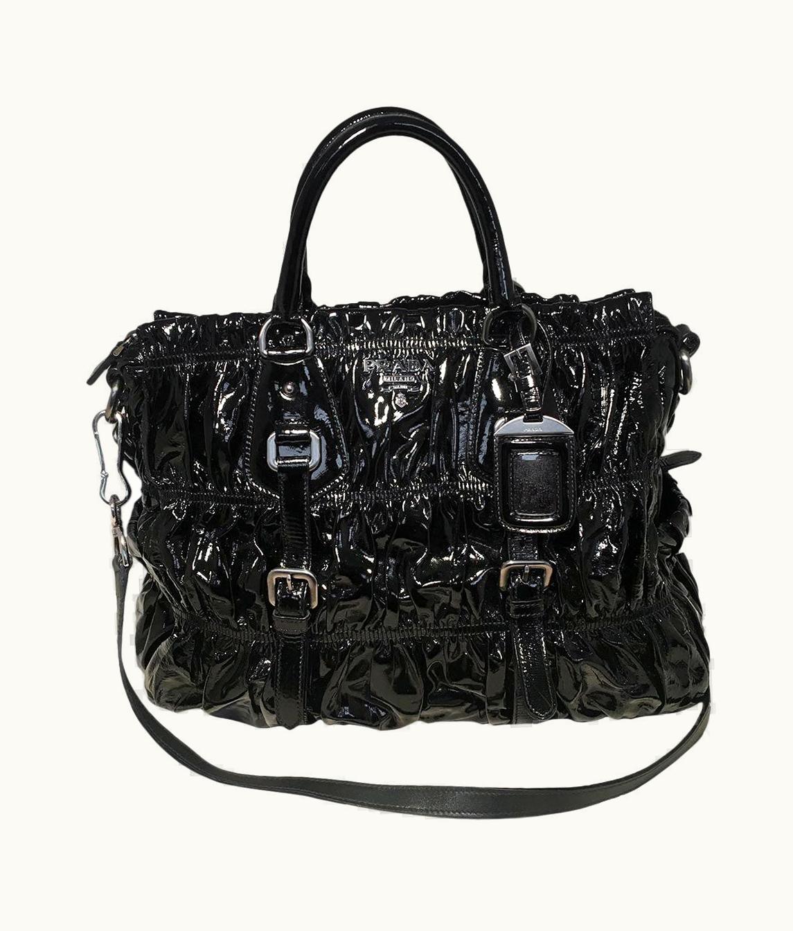Prada Prada Black Patent Leather Gaufre Ruched Shoulder Bag Tote