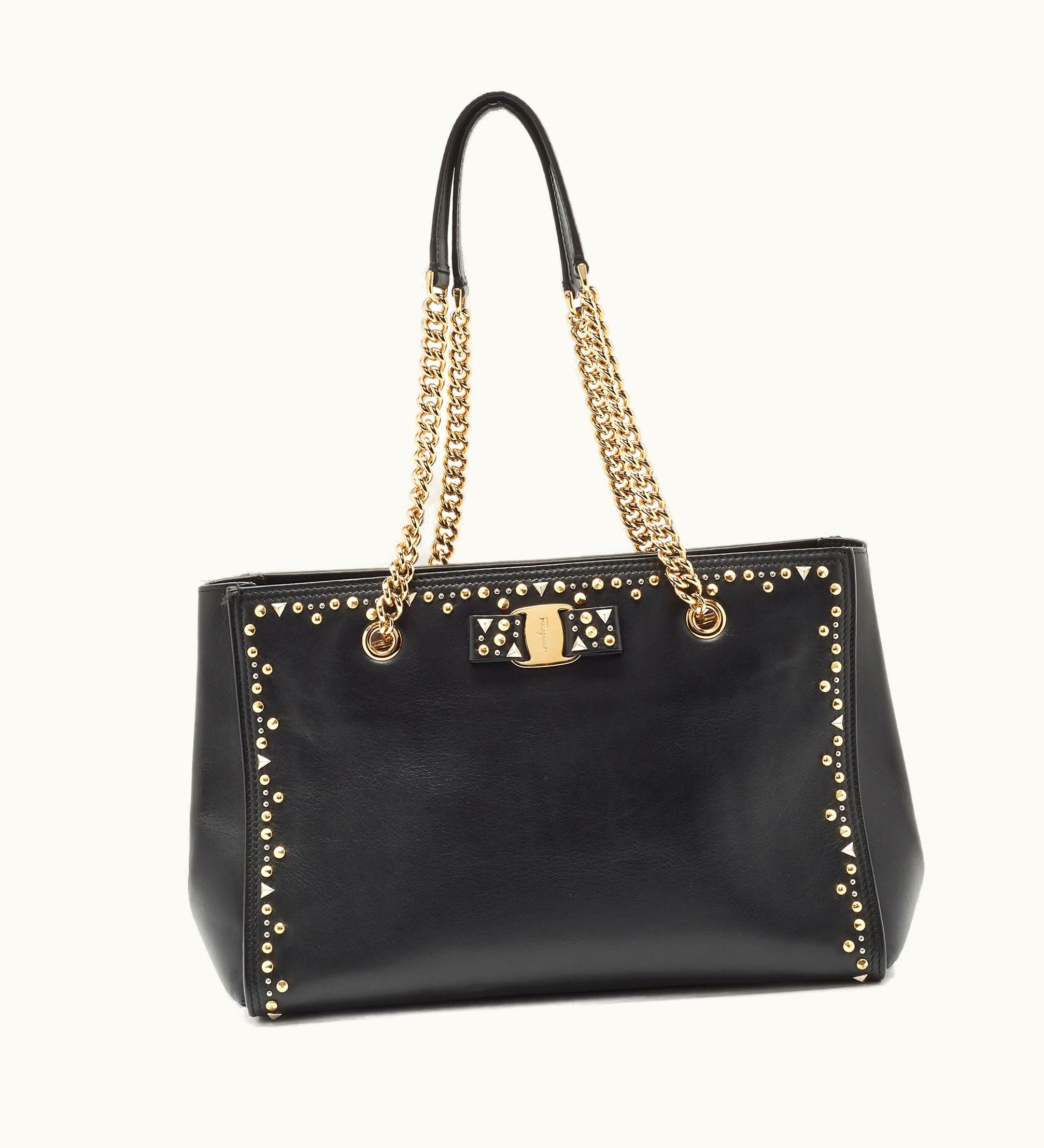 Salvatore Ferragamo Salvatore Ferragamo Black Leather Medium Studded Melike Tote