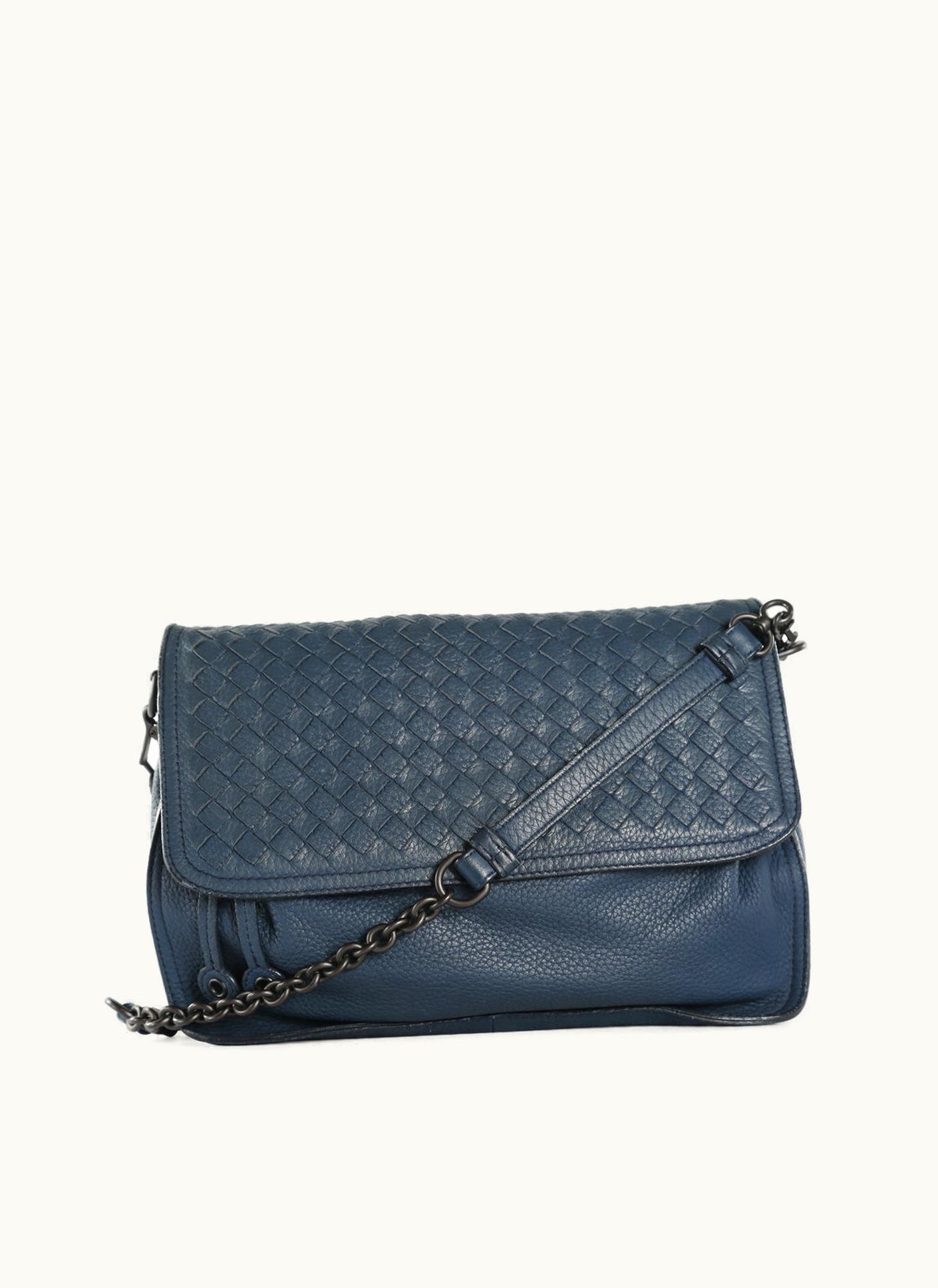 Bottega Veneta Bottega Veneta Navy Blue Intrecciato Leather Flap Crossbody Bag