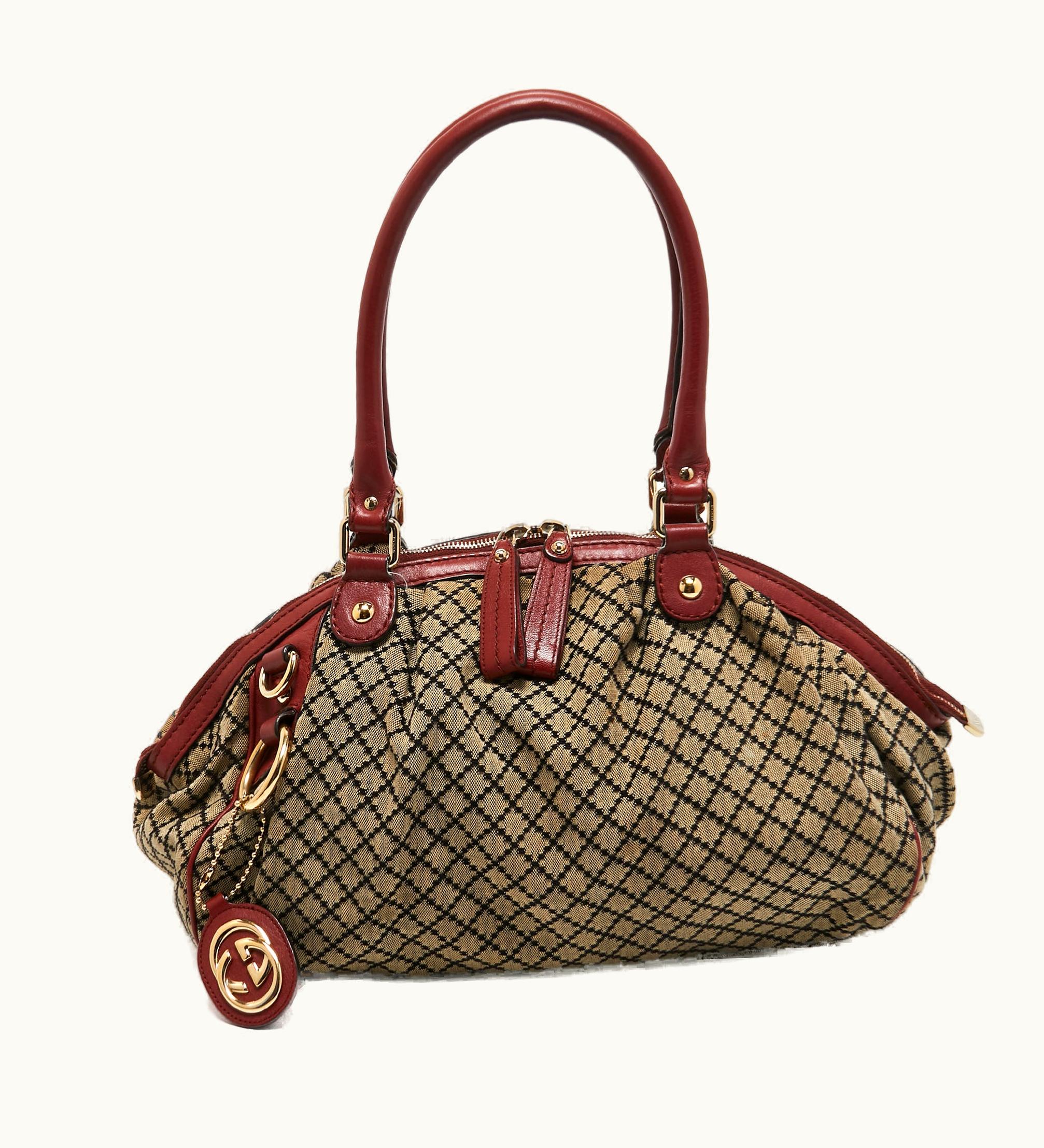 Gucci Gucci Red/Beige Diamante Canvas And Leather Medium Sukey Boston Bag