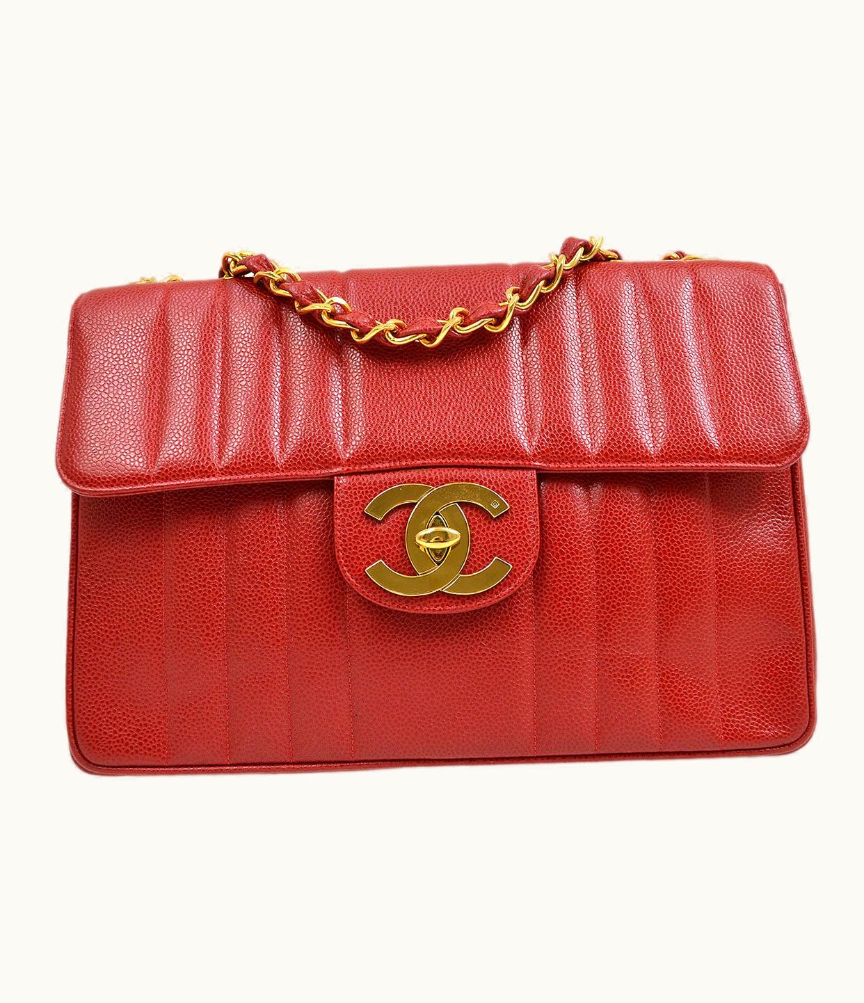Chanel Chanel 1991-1994 Red Caviar Skin Vertical Classic Flap Jumbo 10109