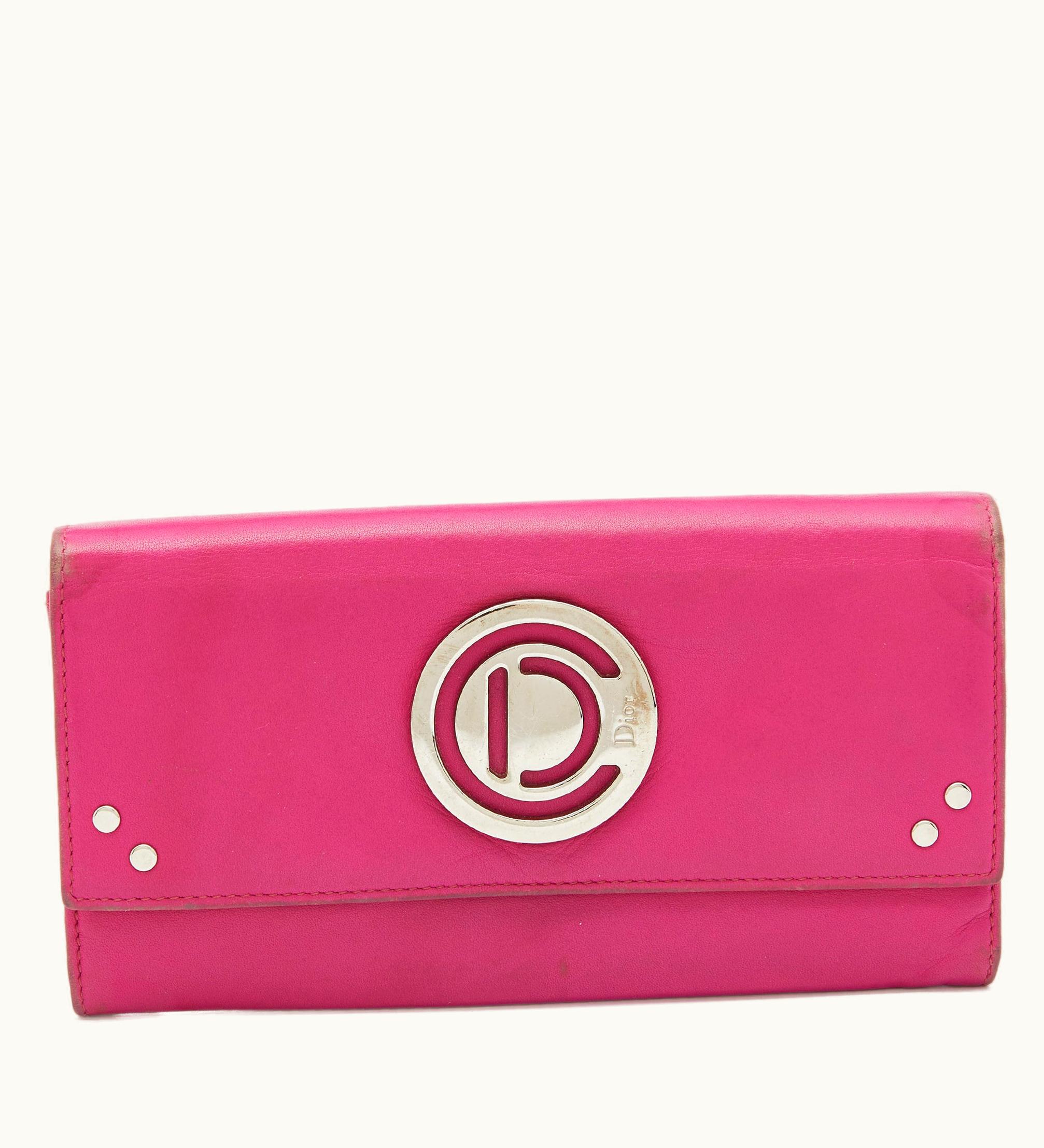 Dior Dior Pink Leather Round Logo Flap Continental Wallet