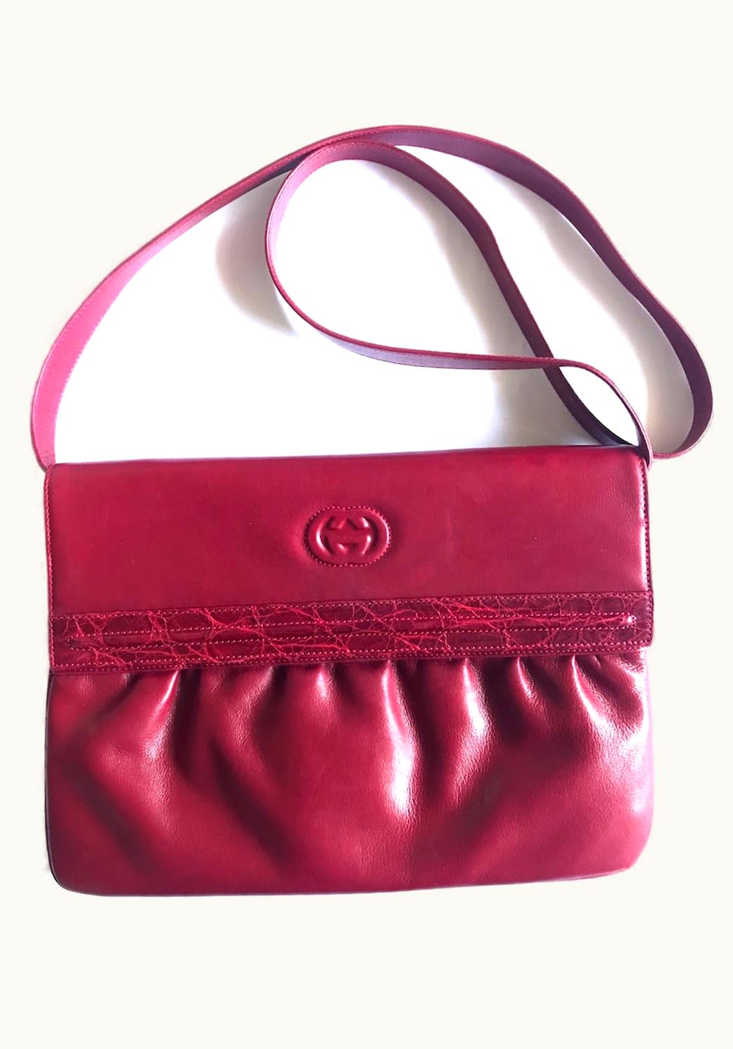 Gucci Gucci Vintage Wine Red Shoulder Bag With GG Engraved Flap And Croc Flap