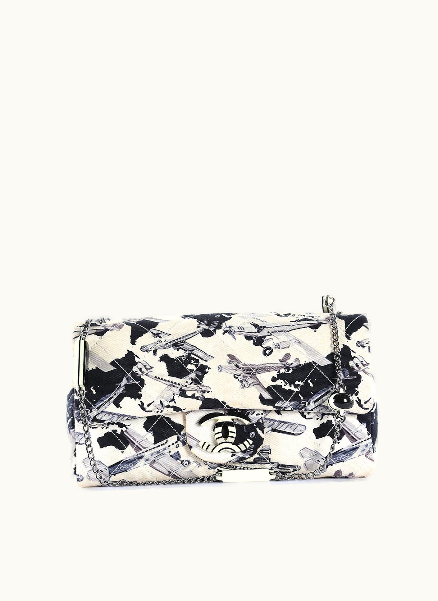 Chanel Chanel White & Navy Blue Quilted Canvas Airplane Print Single Flap Medium Shoulder Bag