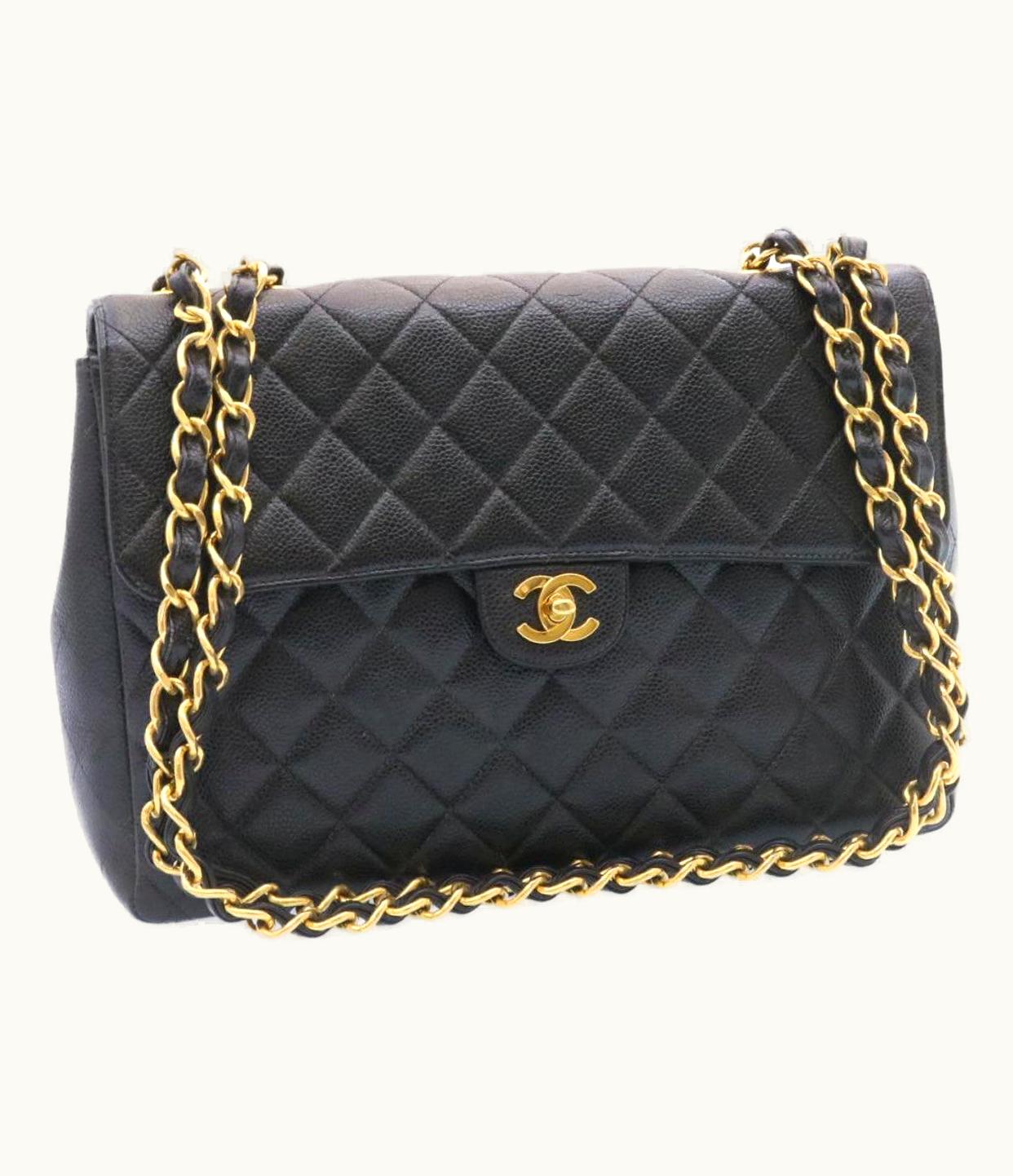 Chanel Chanel Big Matelasse Flap Chain Shoulder Bag Caviar Skin Black Gold