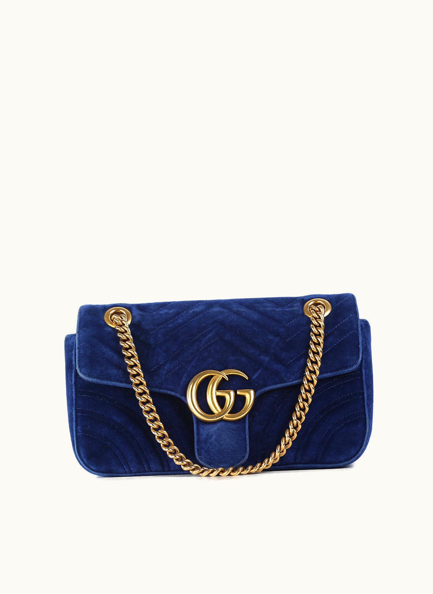 Gucci Gucci Navy Blue Velvet GG Marmont Small Matelasse Shoulder Bag