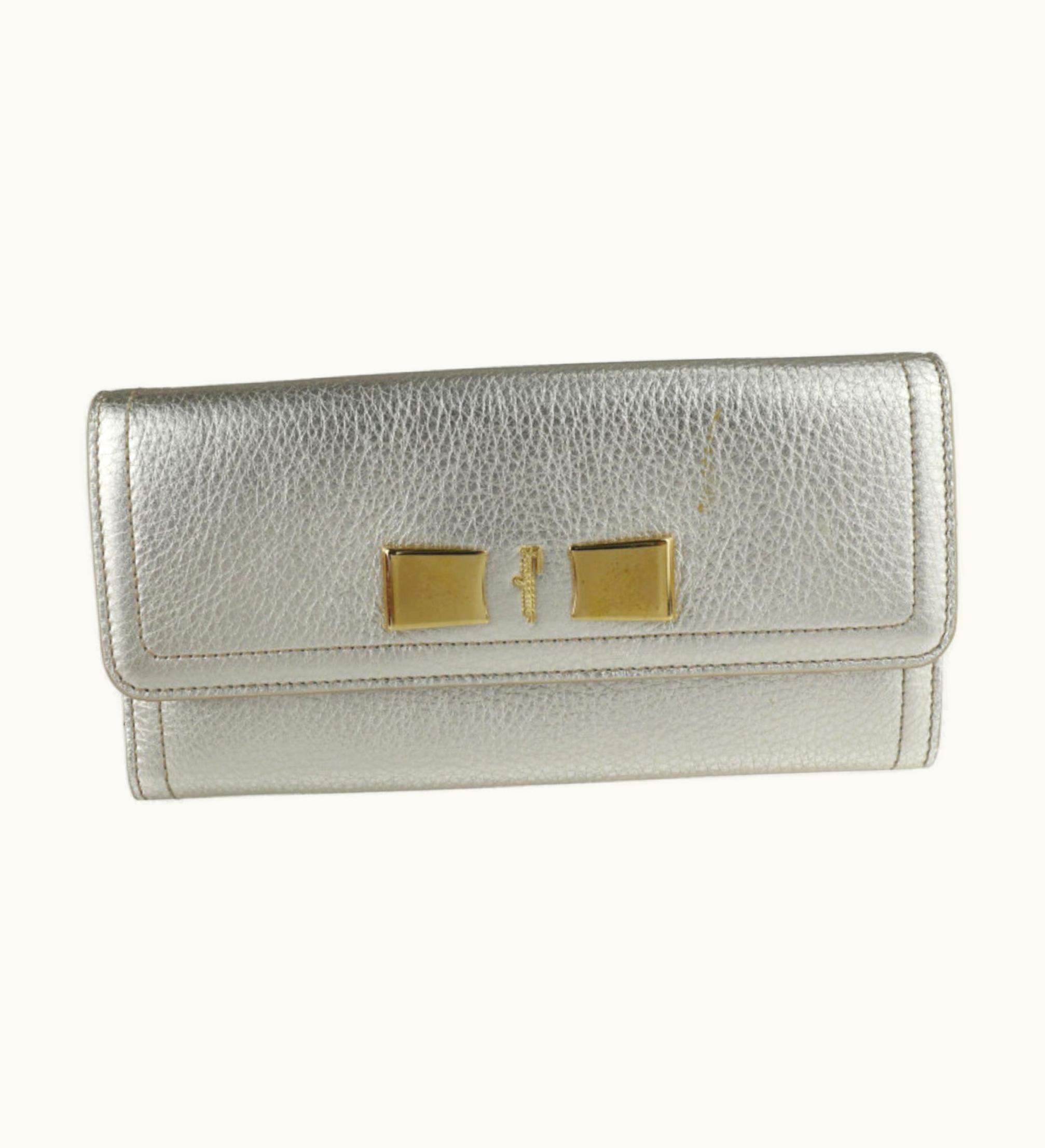 Salvatore Ferragamo Salvatore Ferragamo Bi-Fold Wallet 22 C954 Leather Champagne Gold Long Ribbon